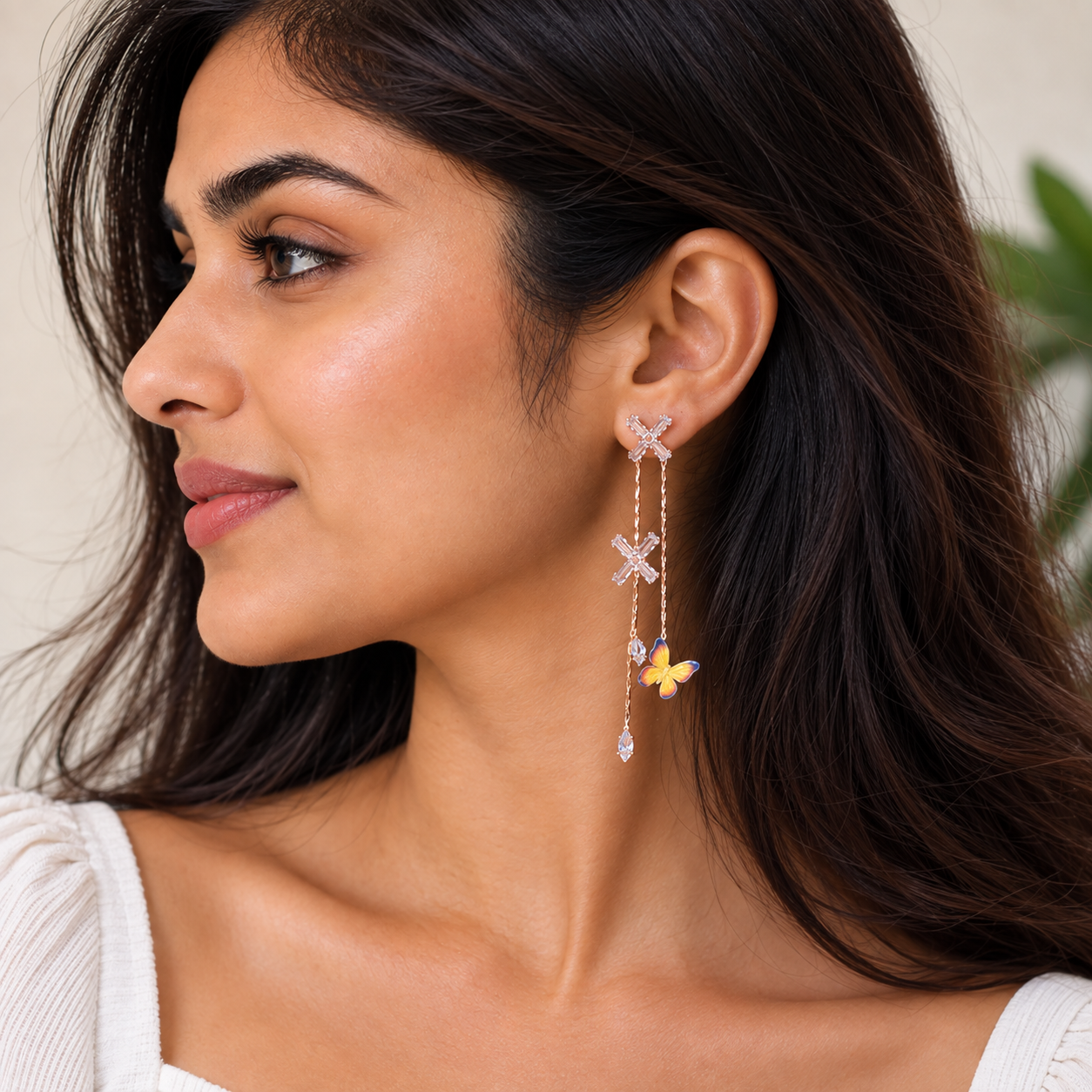 Asymmetric Dual Strand Charm Dangle Earrings with Butterfly Accent