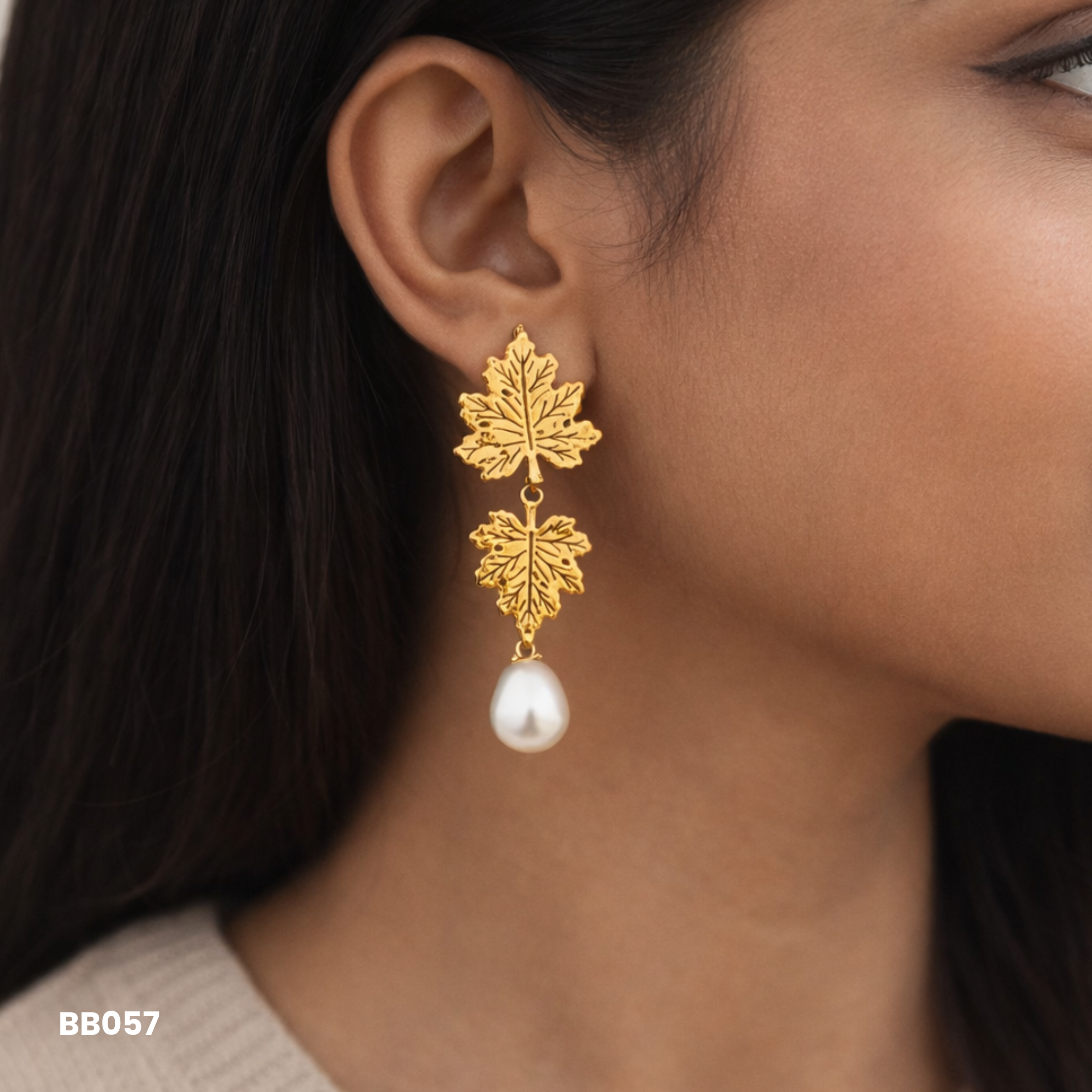 Double Leaf Dangle Earrings with Pearl | Anti-Tarnish Statement Jewelry