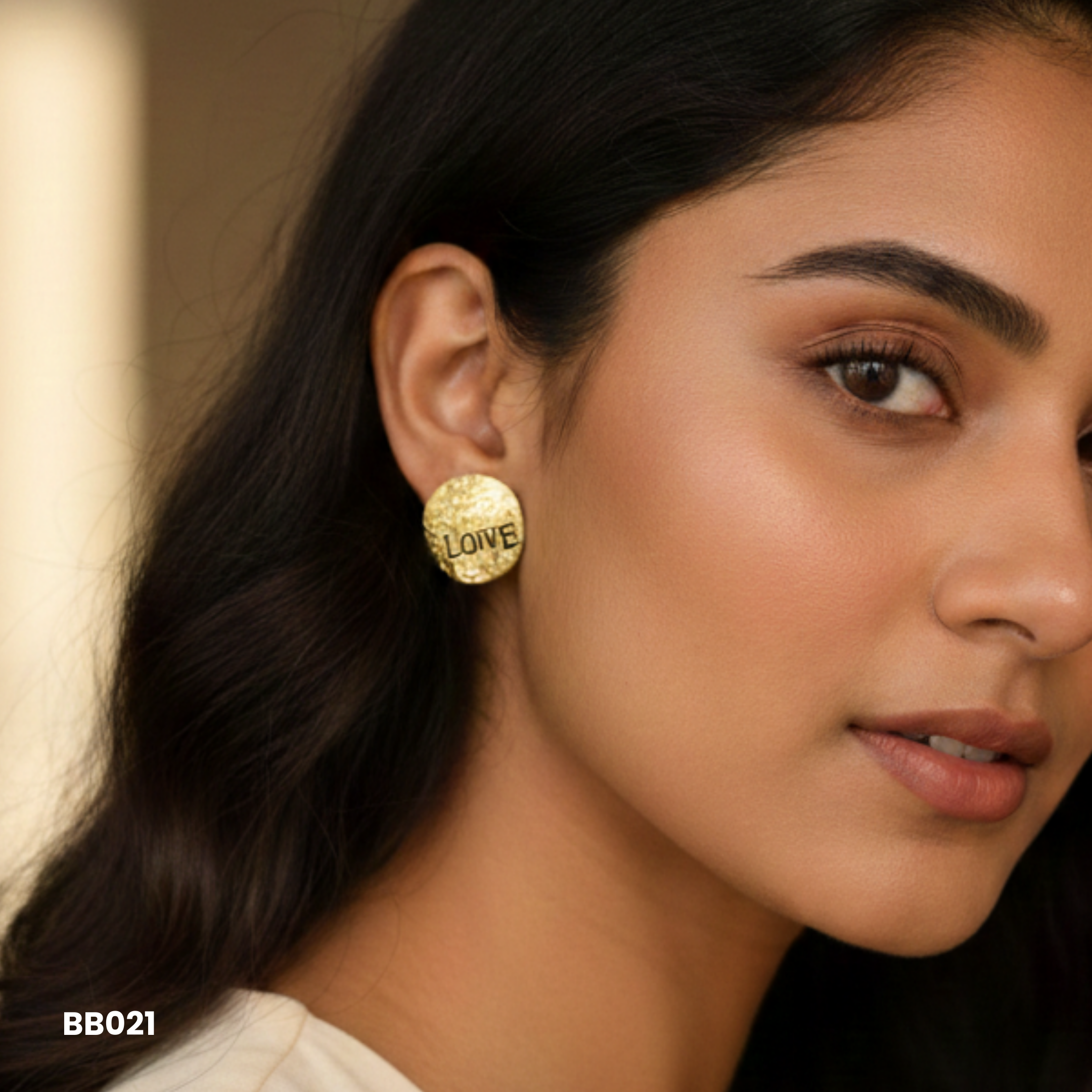 Golden "LOVE" Textured Disc Anti Tarnish Earrings