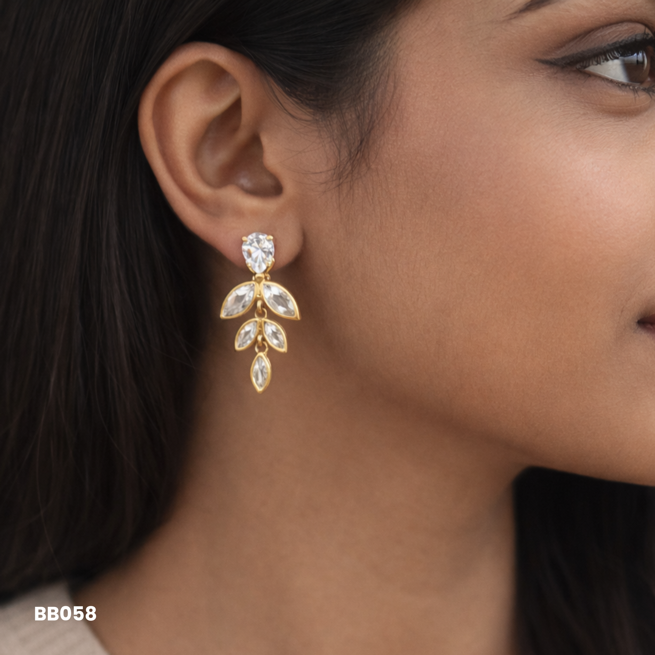 Zirconia Leaf Vine Drop Earrings | Gold Anti-Tarnish Crystal Studs