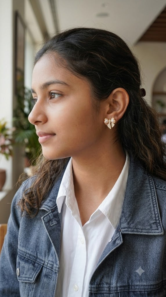 Elegant Pearl Bow Stud Earrings with Crystal Rhinestones – Gold Ribbon Fashion Jewelry