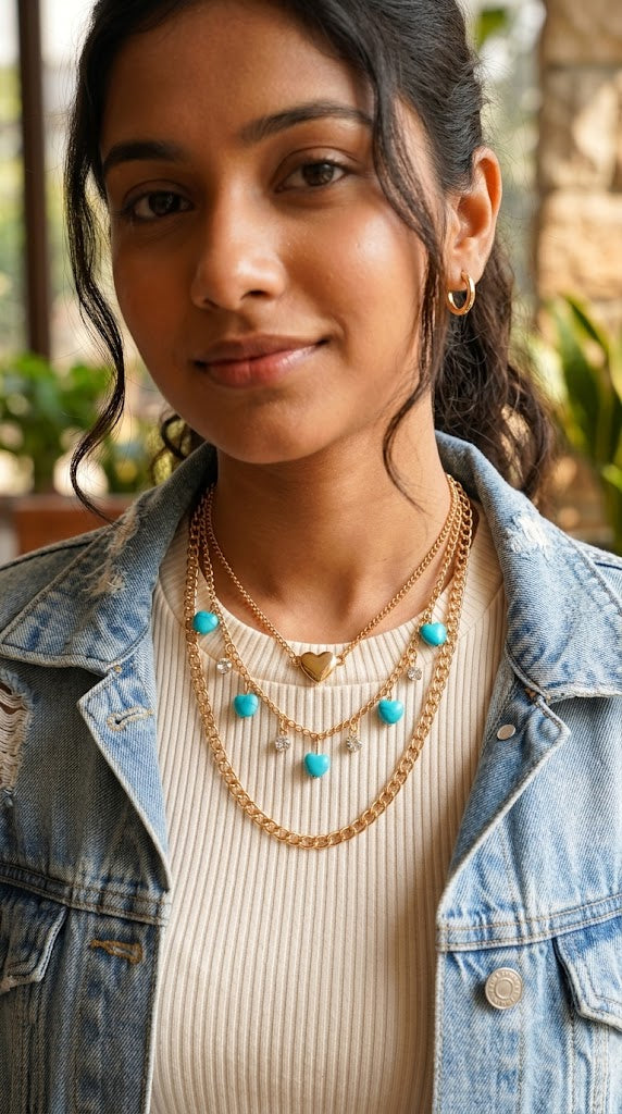 Gold Layered Necklace Set for Women – 3-Piece Turquoise Blue Heart Charm Chain Combo