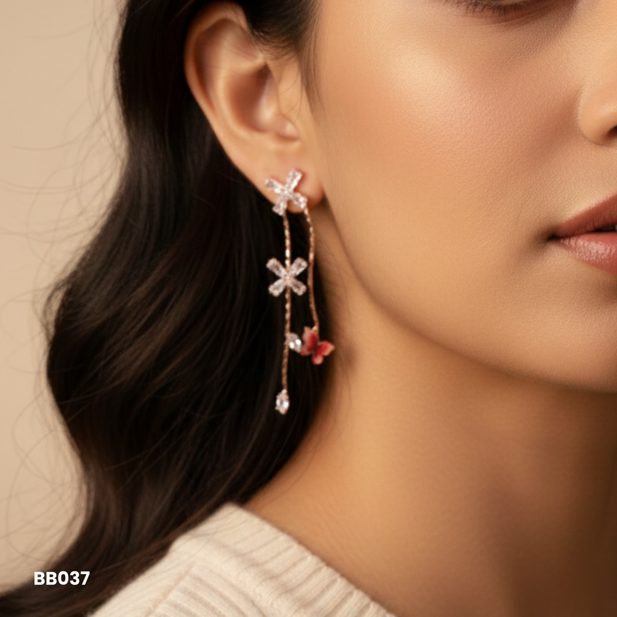 Asymmetric Dual Strand Charm Dangle Earrings with Butterfly Accent