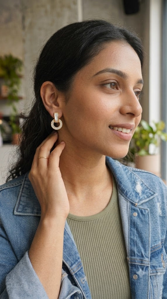 White Enamel Crystal Circle Designer Earrings for Women – Elegant Fashion Earrings