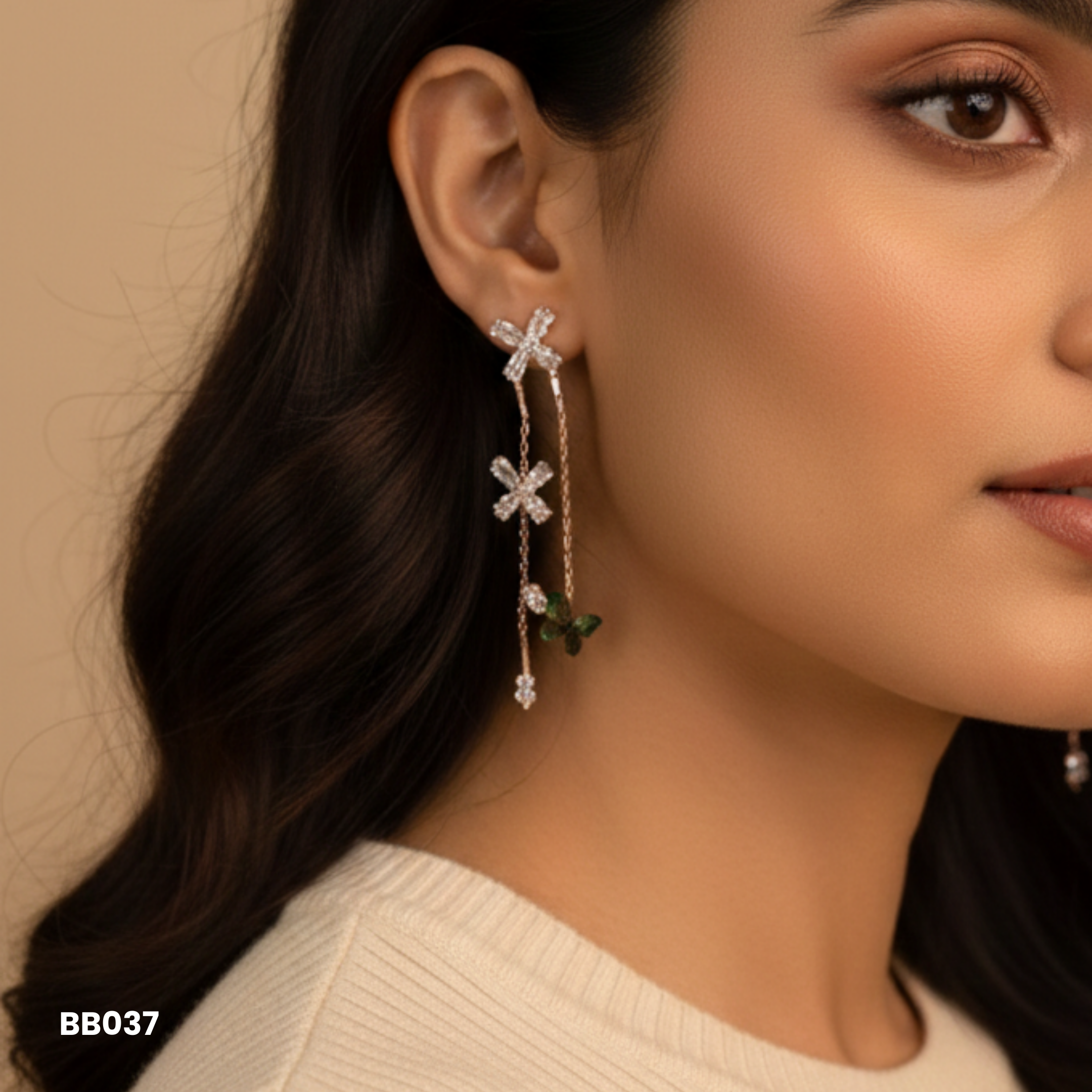 Asymmetric Dual Strand Charm Dangle Earrings with Butterfly Accent