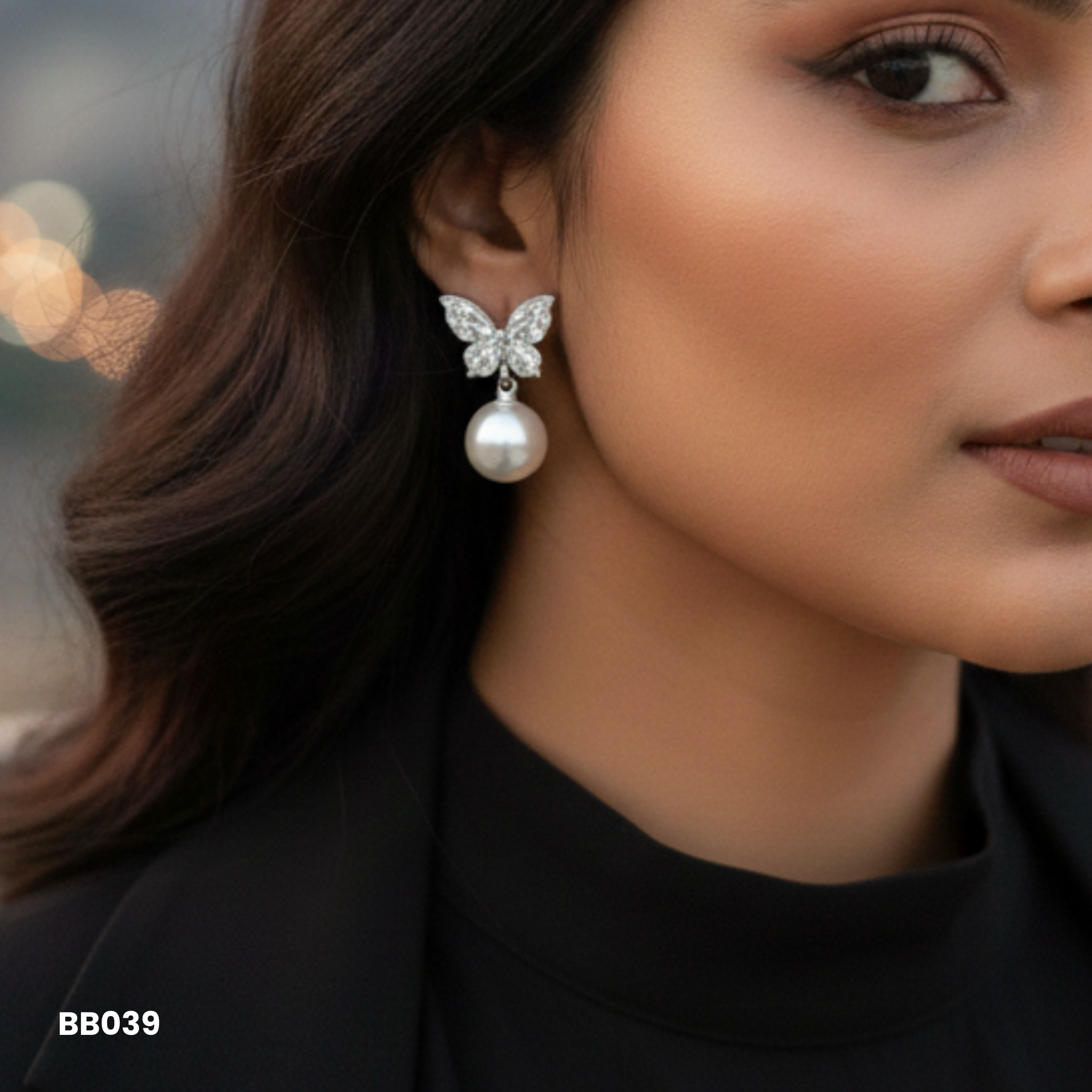 Silver Butterfly Pearl Drop Designer Earrings