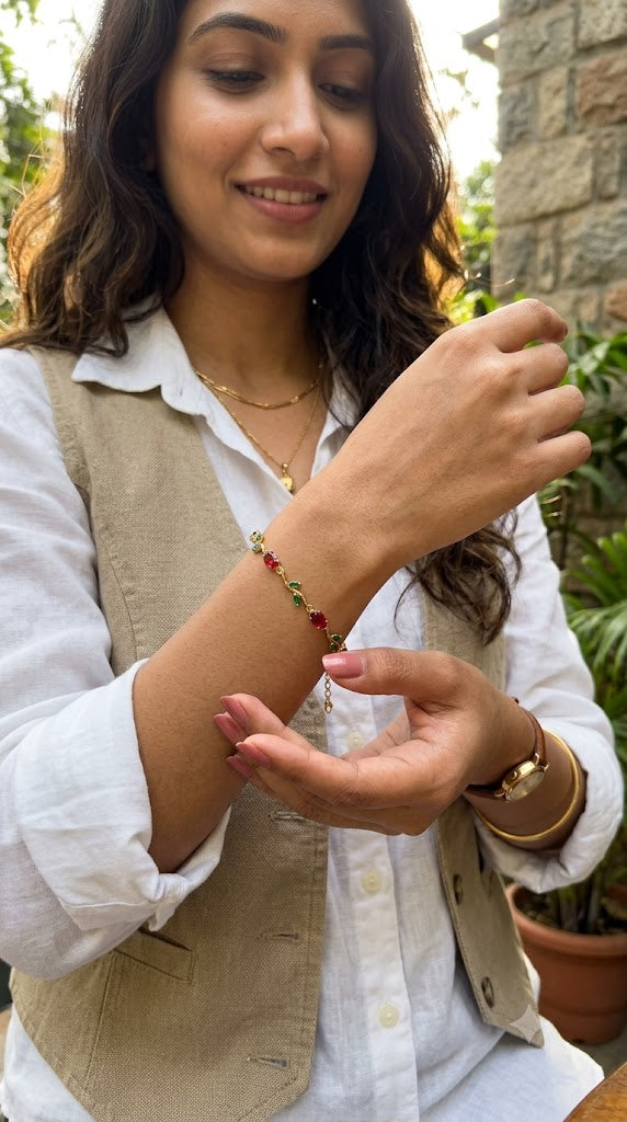 Gold Plated Tulip Red Crystal Bracelet for Women – Gold Plated Floral Bracelet