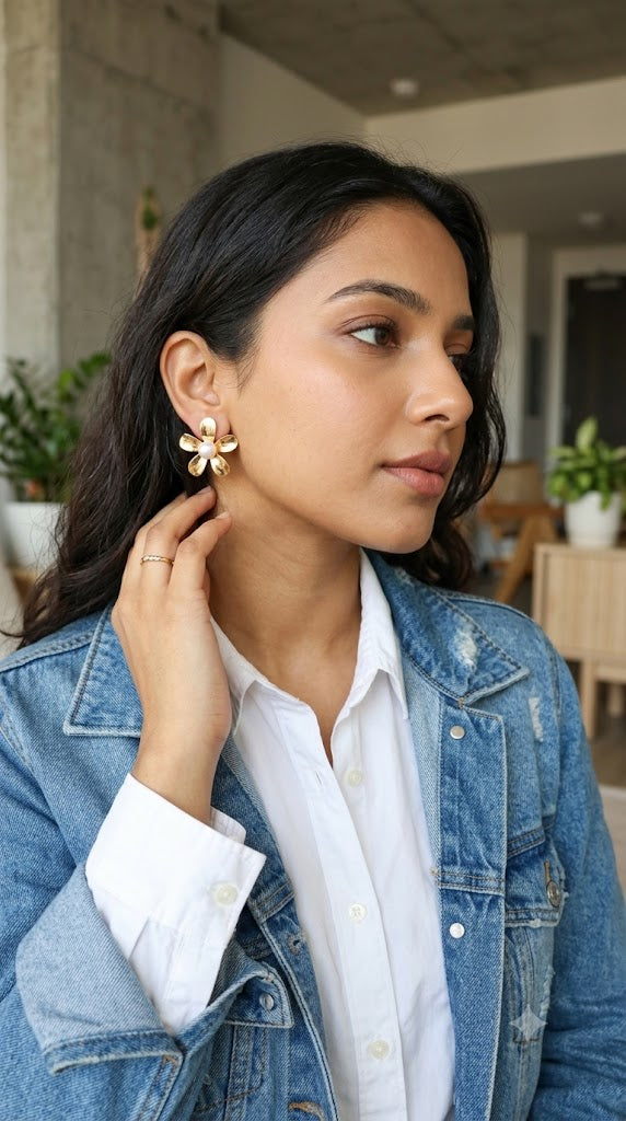 Chic Gold Pearl & Flower Stud Earrings – 3D Floral Dainty Statement Earrings for Women