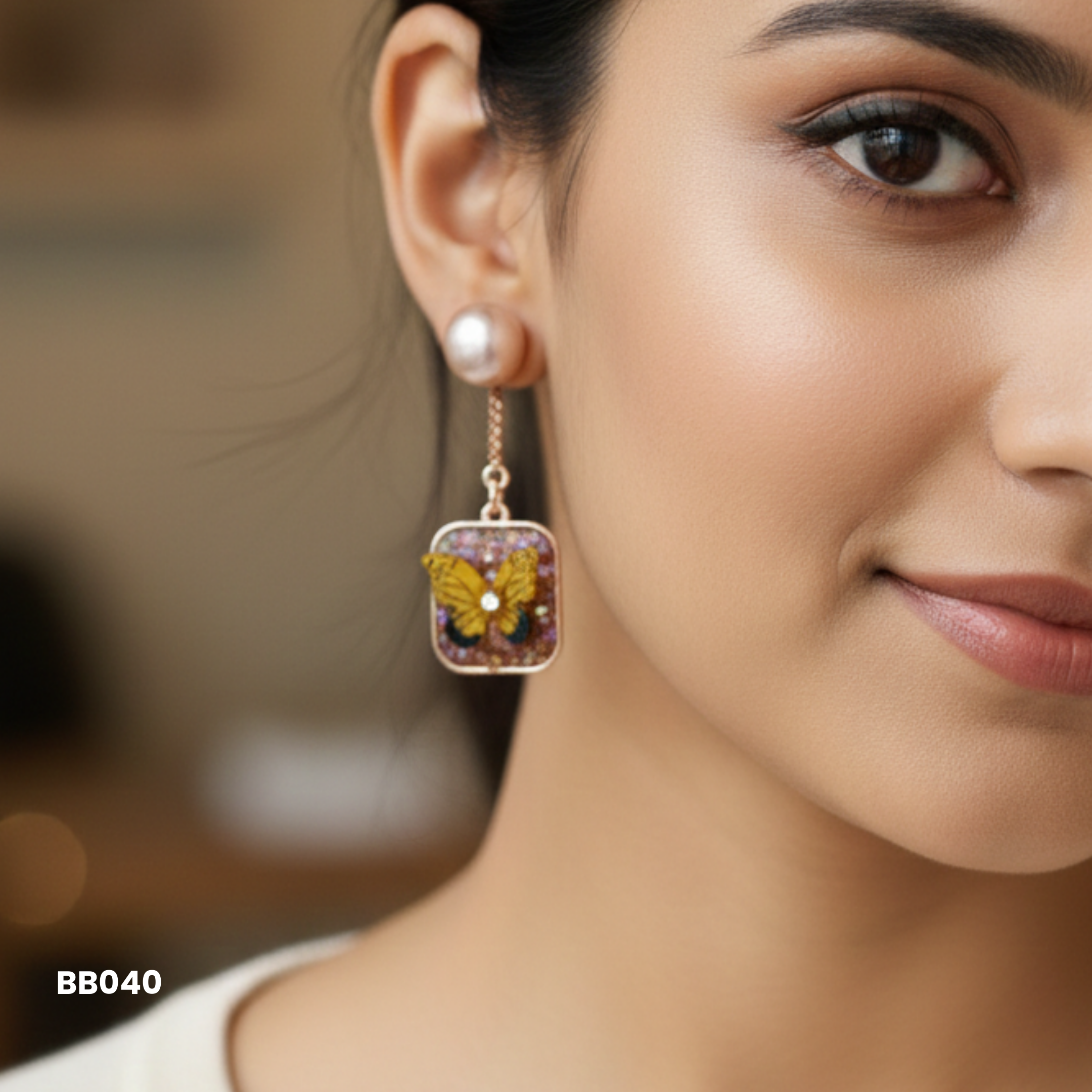 Gold Plated Pearl & Resin Butterfly Earrings
