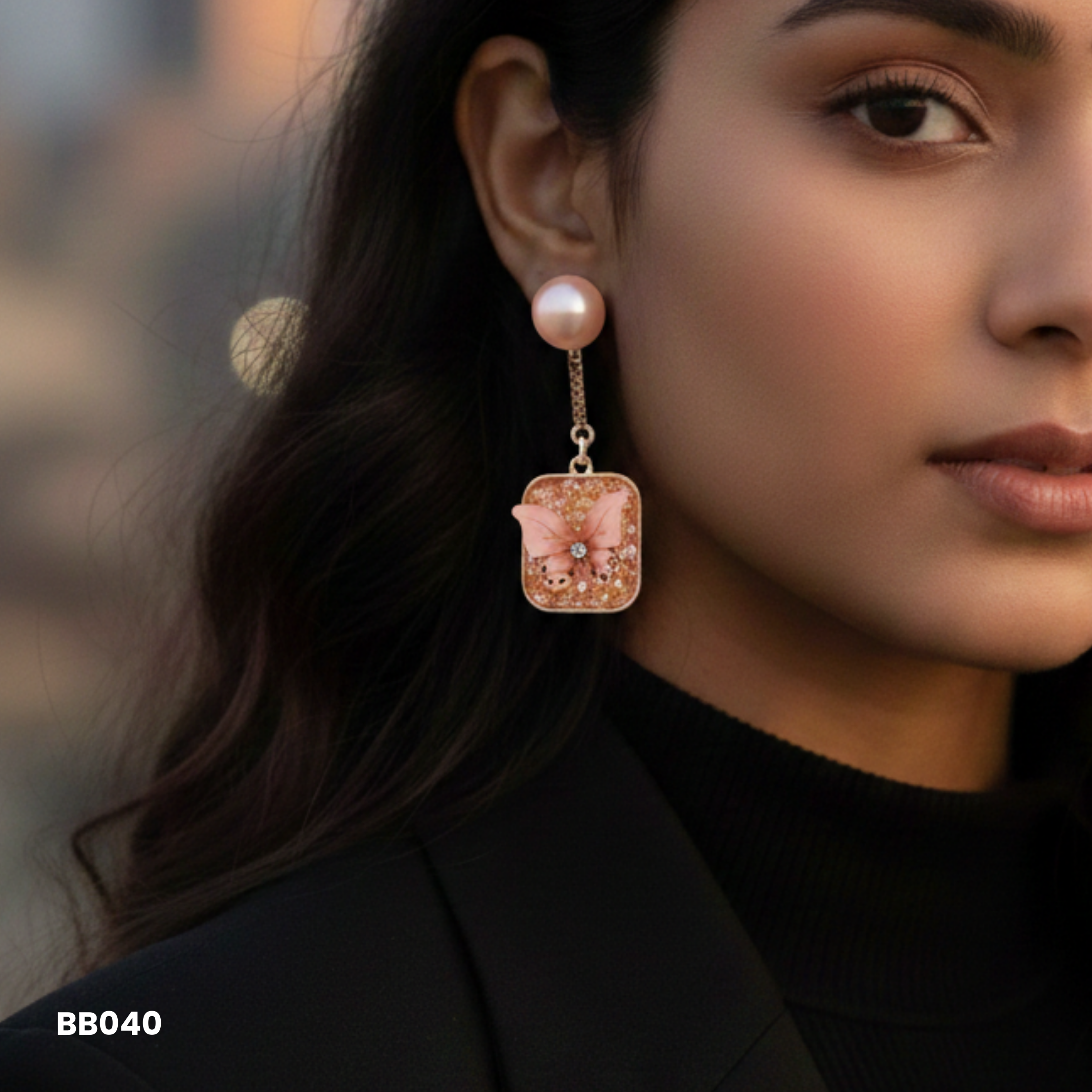 Gold Plated Pearl & Resin Butterfly Earrings