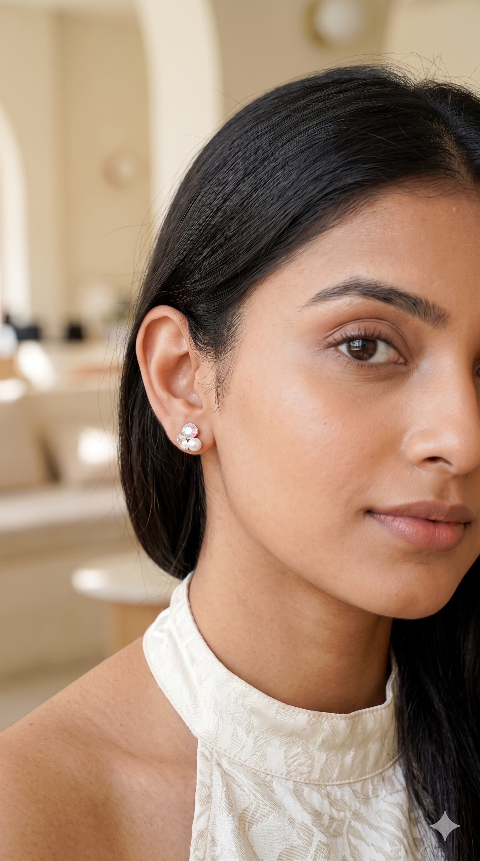 Iridescent Crystal Pearl Cluster Stud Earrings | Asymmetric Multi-Stone Fashion Earrings