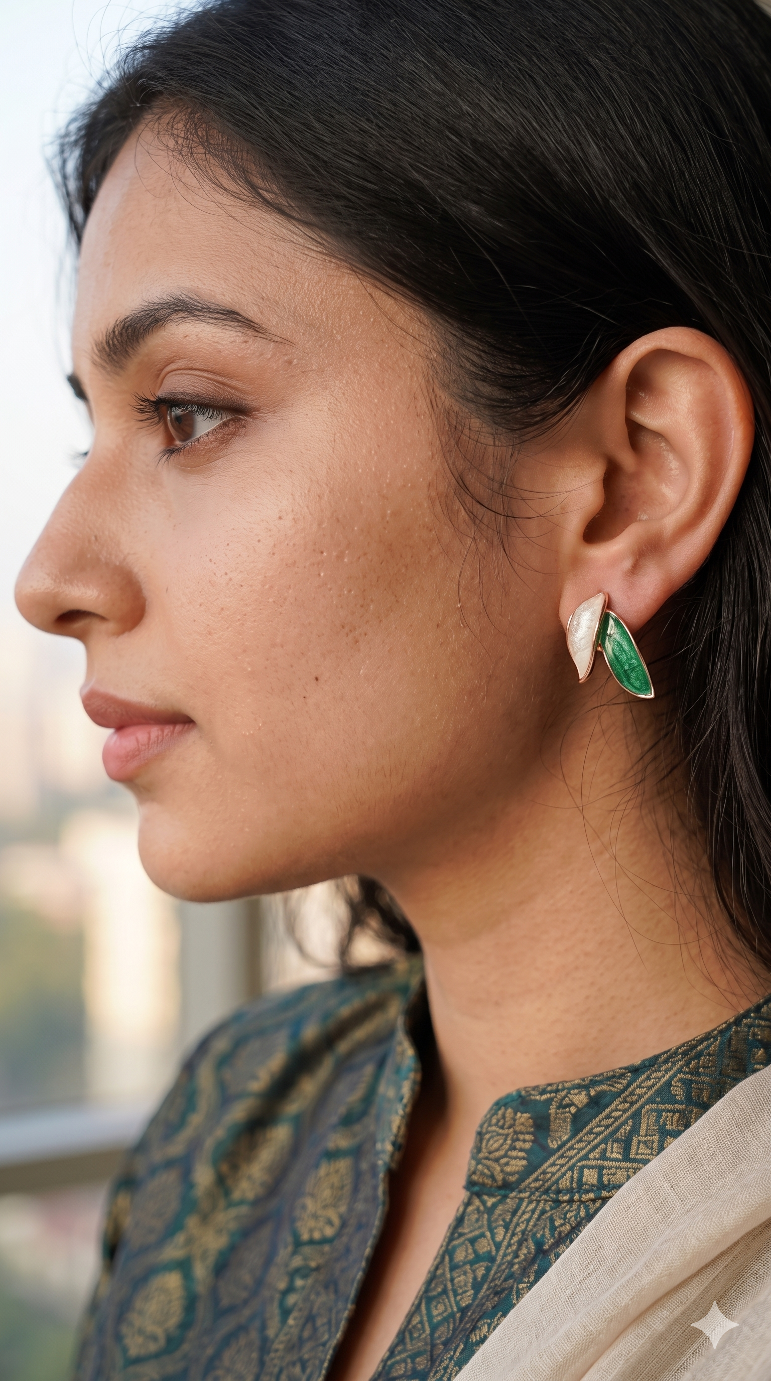 Enamel Double Leaf Stud Earrings – Dainty Two-Tone Botanical Fashion Studs