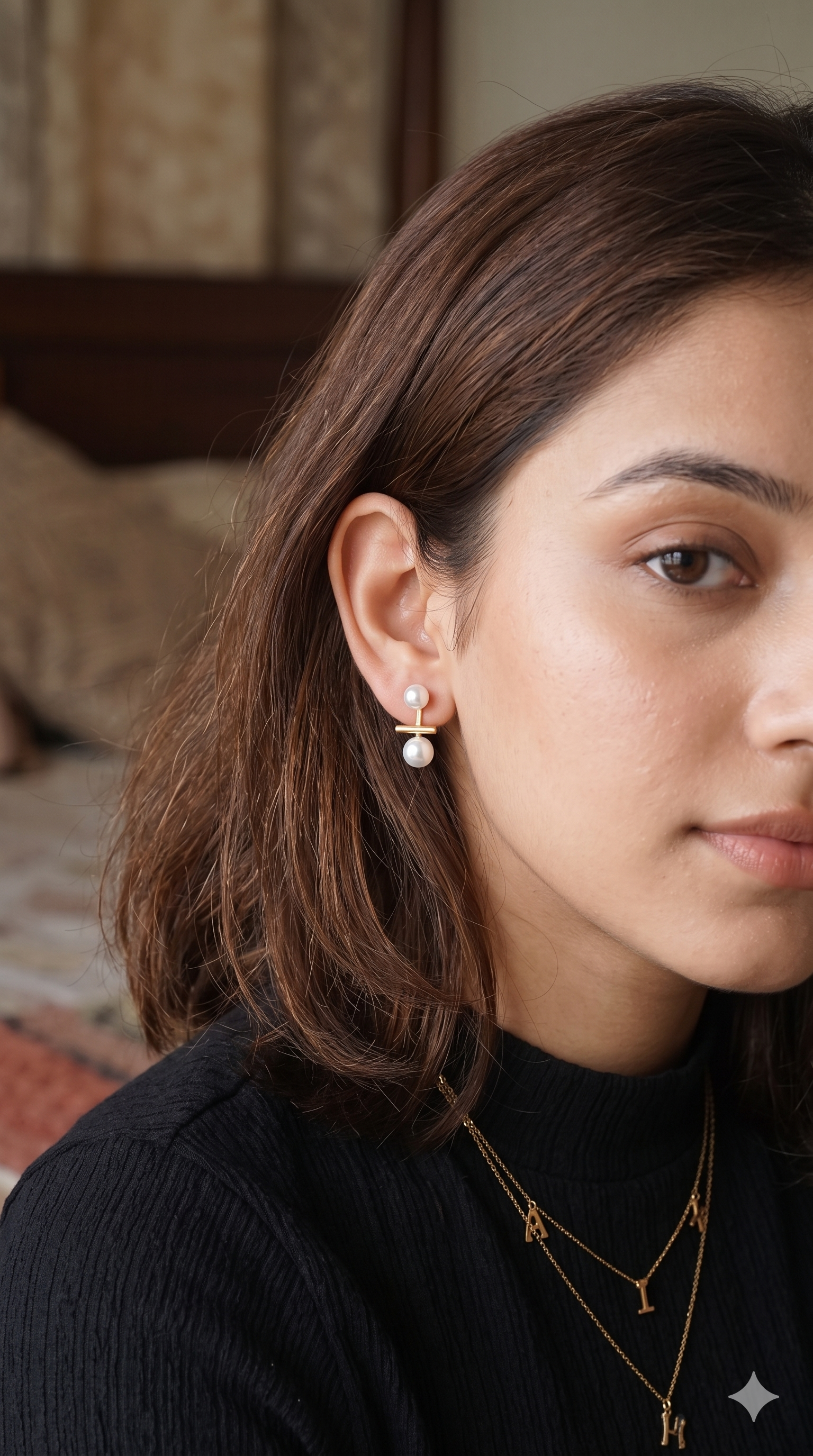 Gold Tone Minimalist Double Pearl Bar Drop Earrings