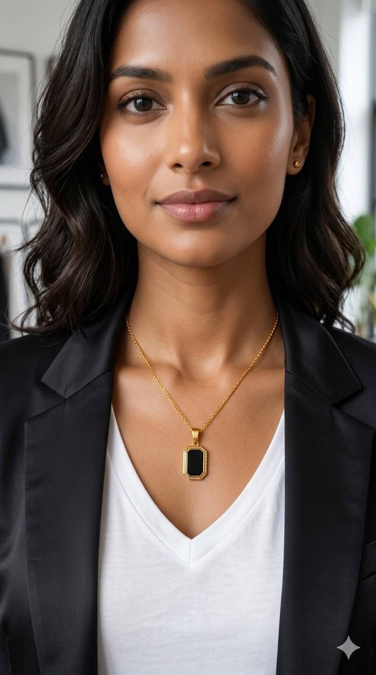 18K Gold Plated Black Onyx Pendant Necklace – Anti-Tarnish Waterproof Rectangle Choker