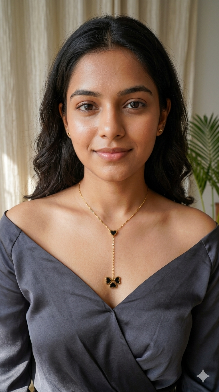 Dainty Gold Heart & Clover V-Necklace – Tarnish-Free Black Dangle Charm