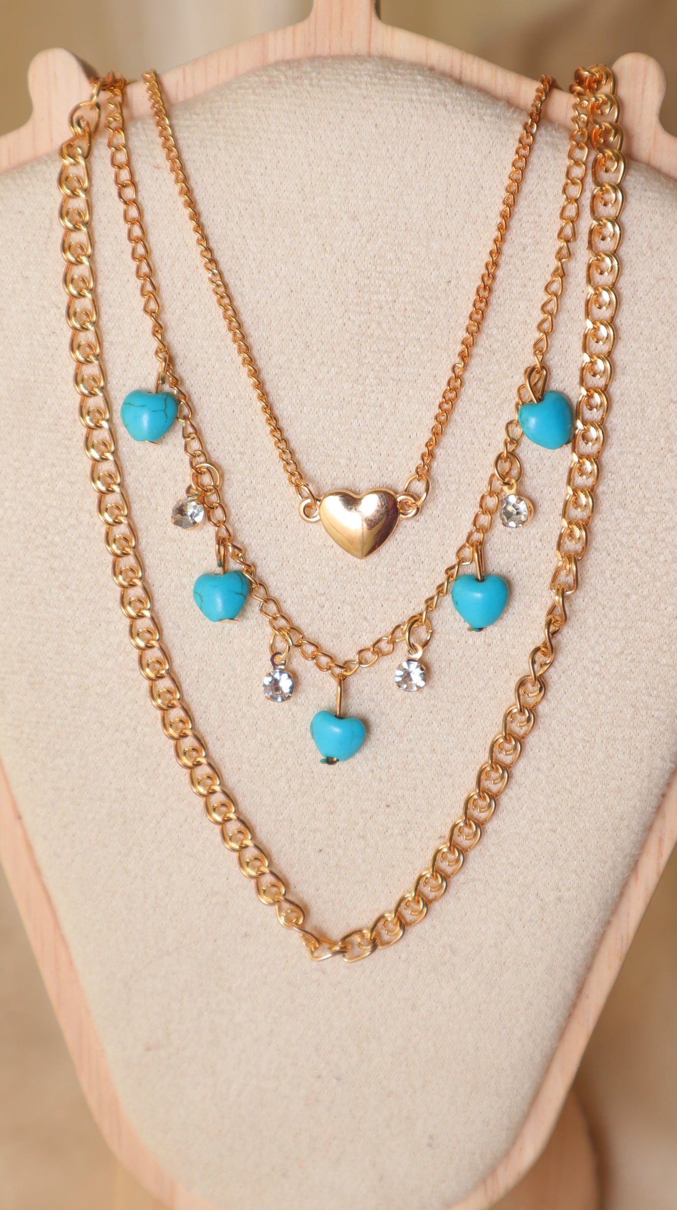 Gold Layered Necklace Set for Women – 3-Piece Turquoise Blue Heart Charm Chain Combo