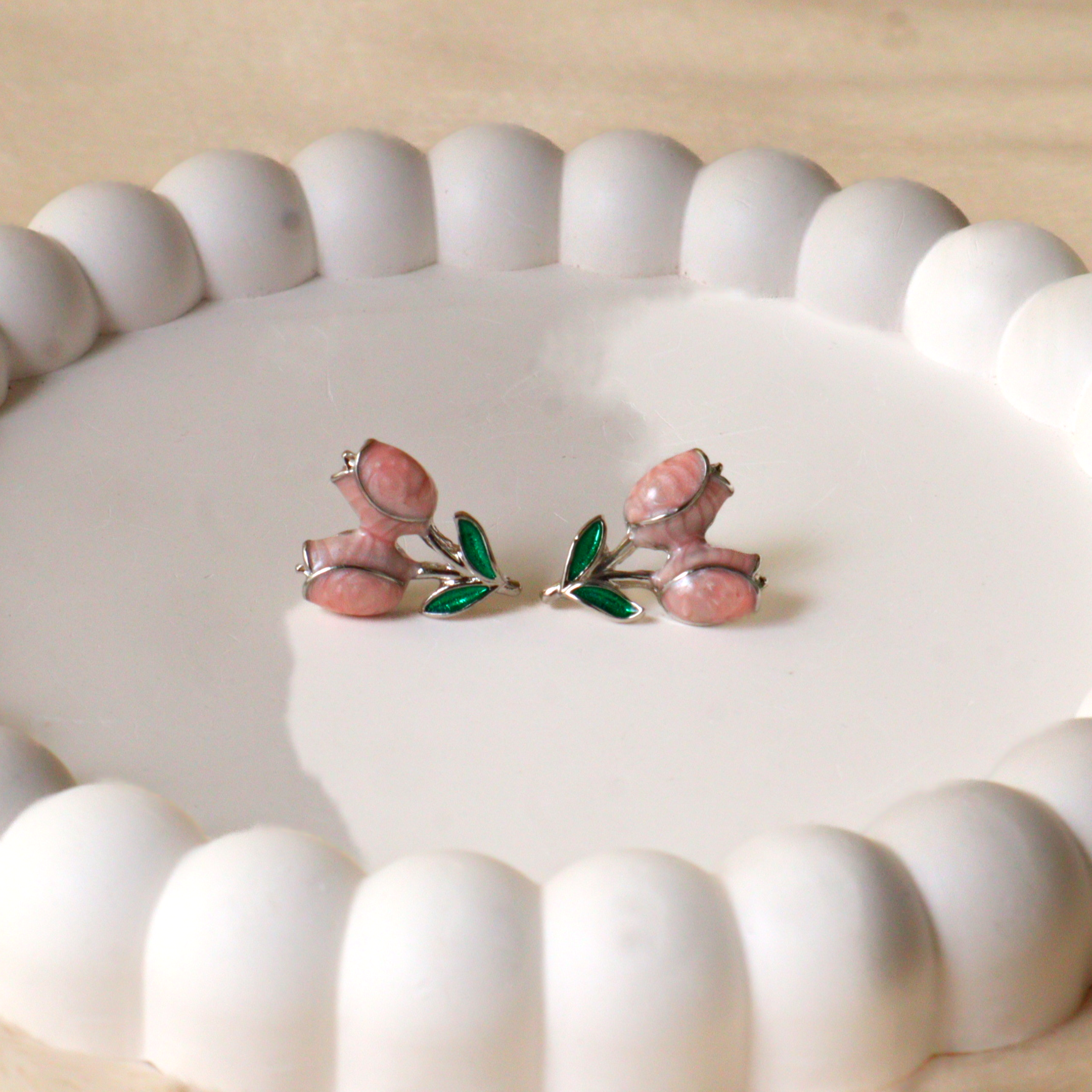 Pink Tulip Stud Earrings –  Dainty Enamel Flower Fashion Earrings for Women