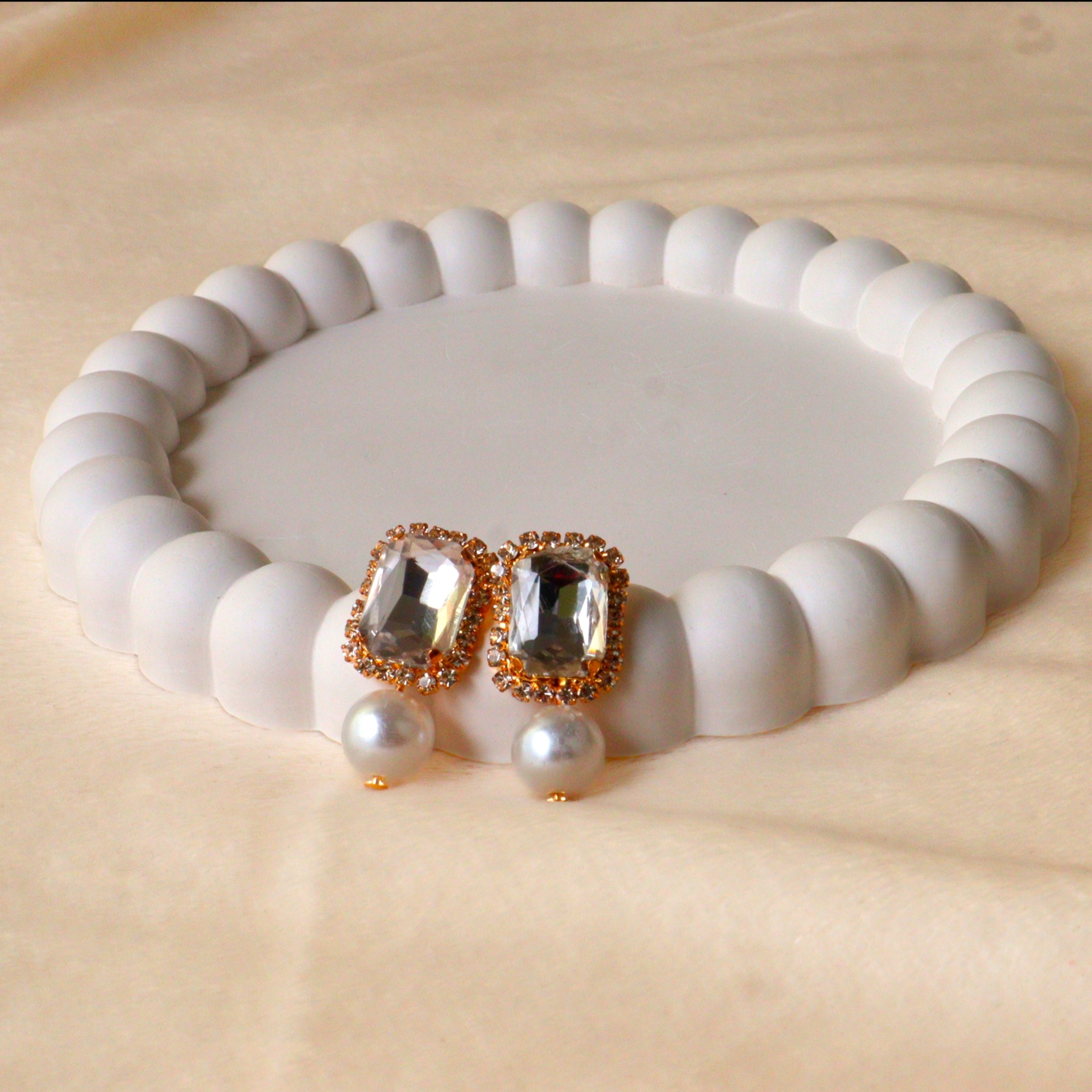 Emerald Cut Crystal Pearl Drop Earrings – Gold Tone Rectangle Statement Fashion Jewelry