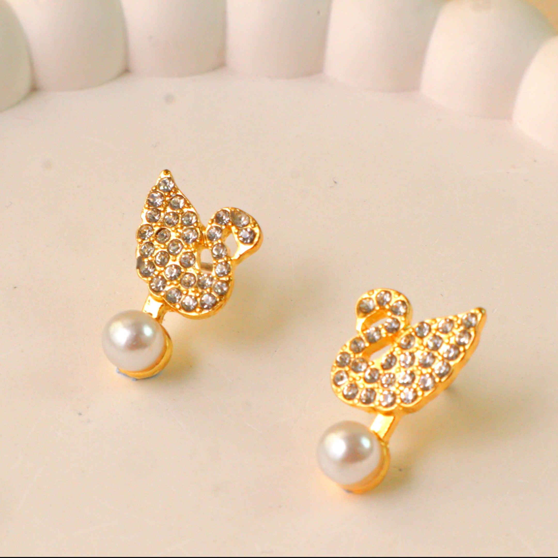 Rhinestone Swan Pearl Drop Earrings / Gold Tone Crystal Dove Animal Fashion Studs