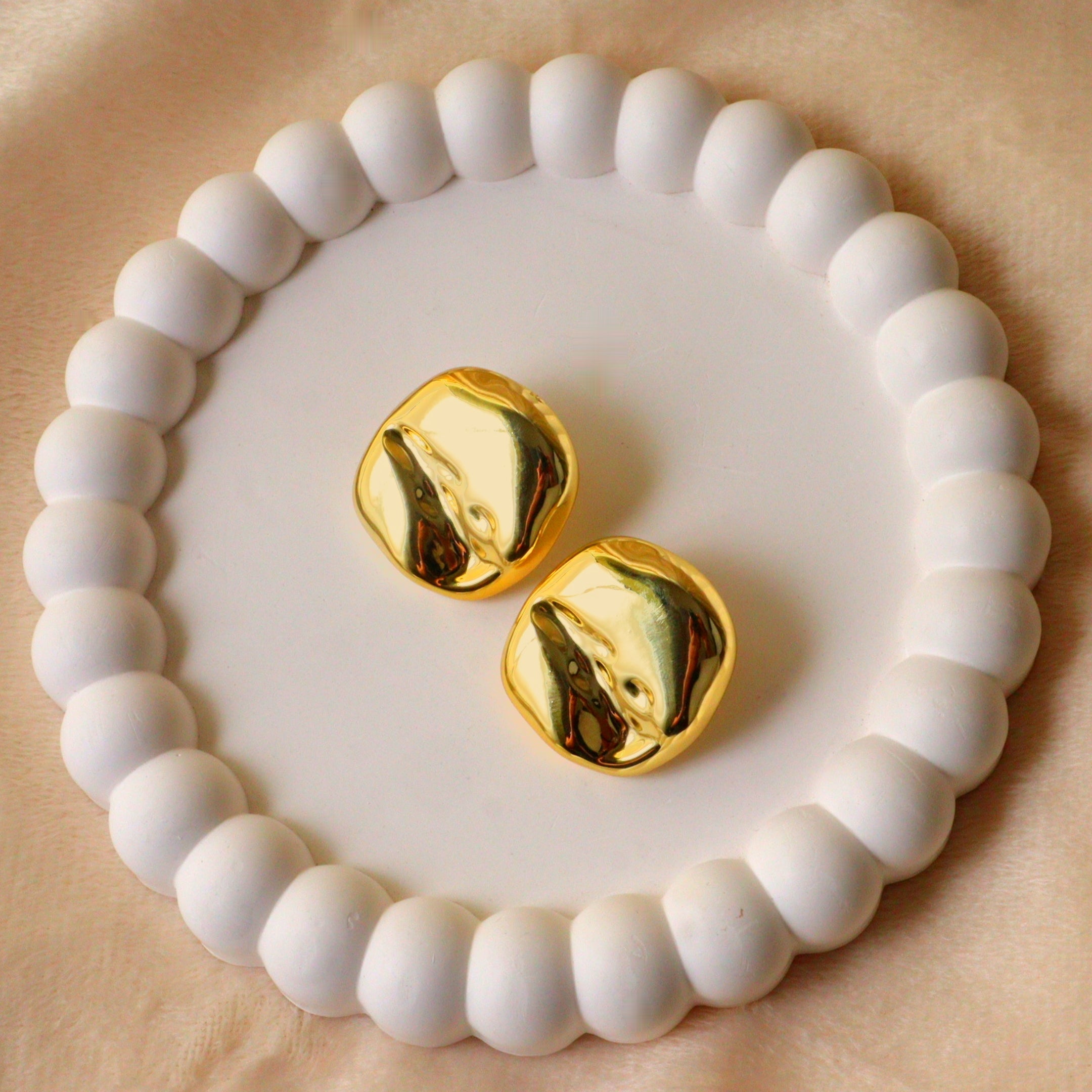 Chunky Gold Crumpled Stud Earrings – Abstract Molten Gold Fashion Studs