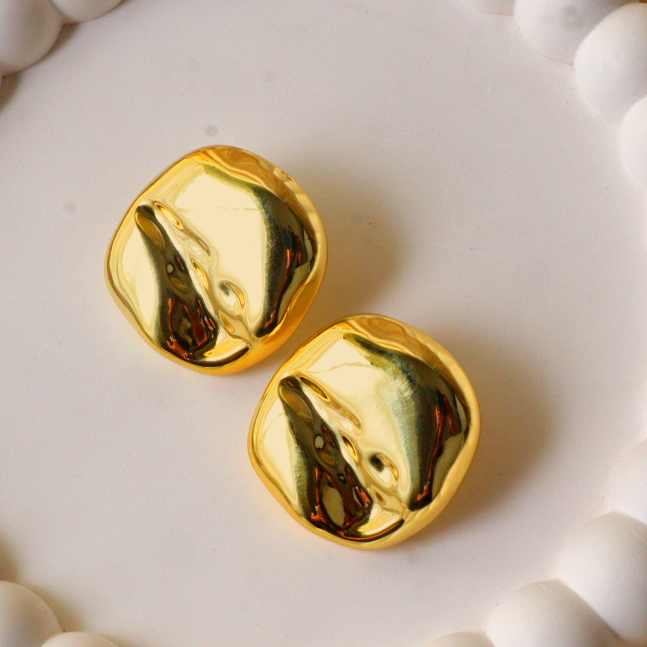 Chunky Gold Crumpled Stud Earrings – Abstract Molten Gold Fashion Studs