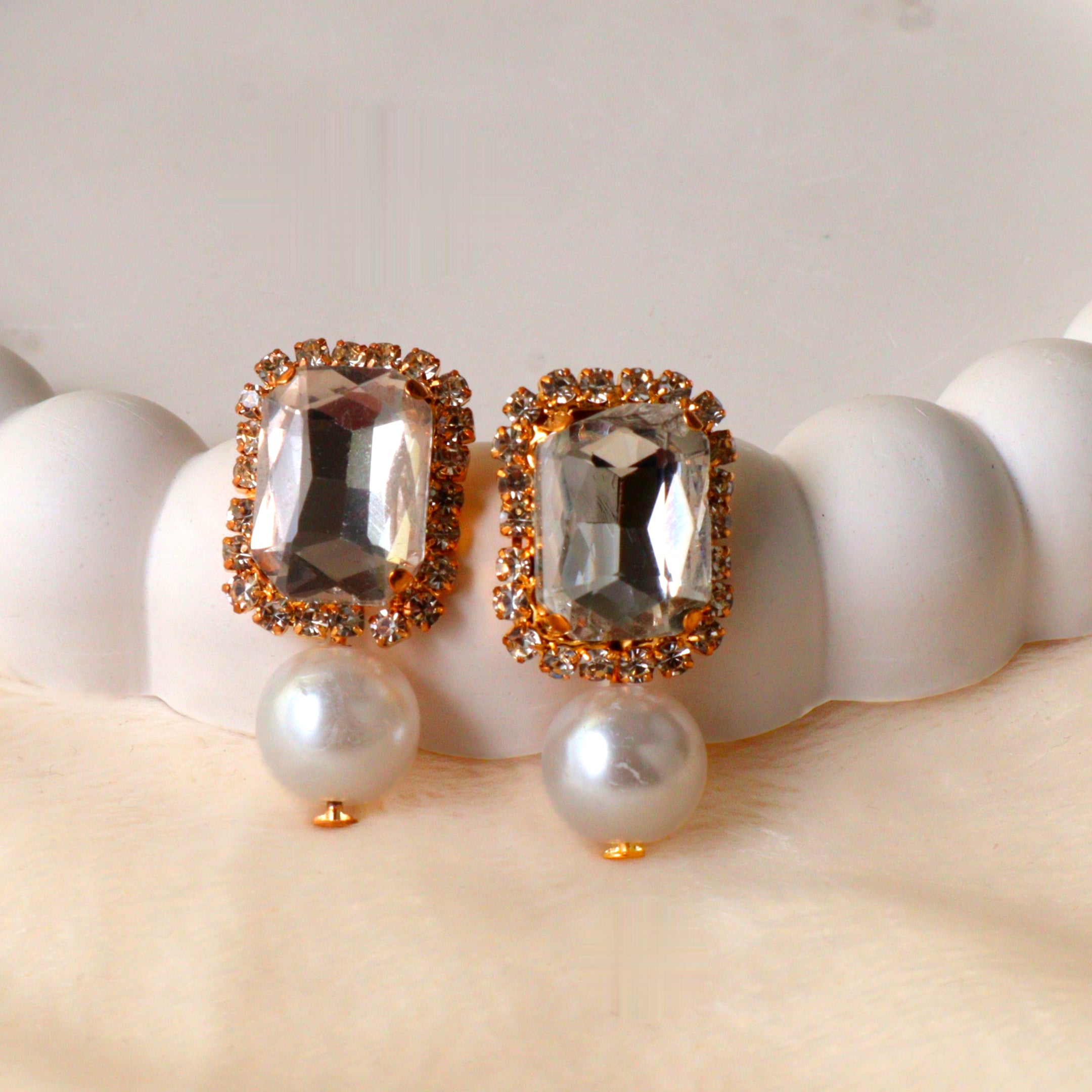 Emerald Cut Crystal Pearl Drop Earrings – Gold Tone Rectangle Statement Fashion Jewelry