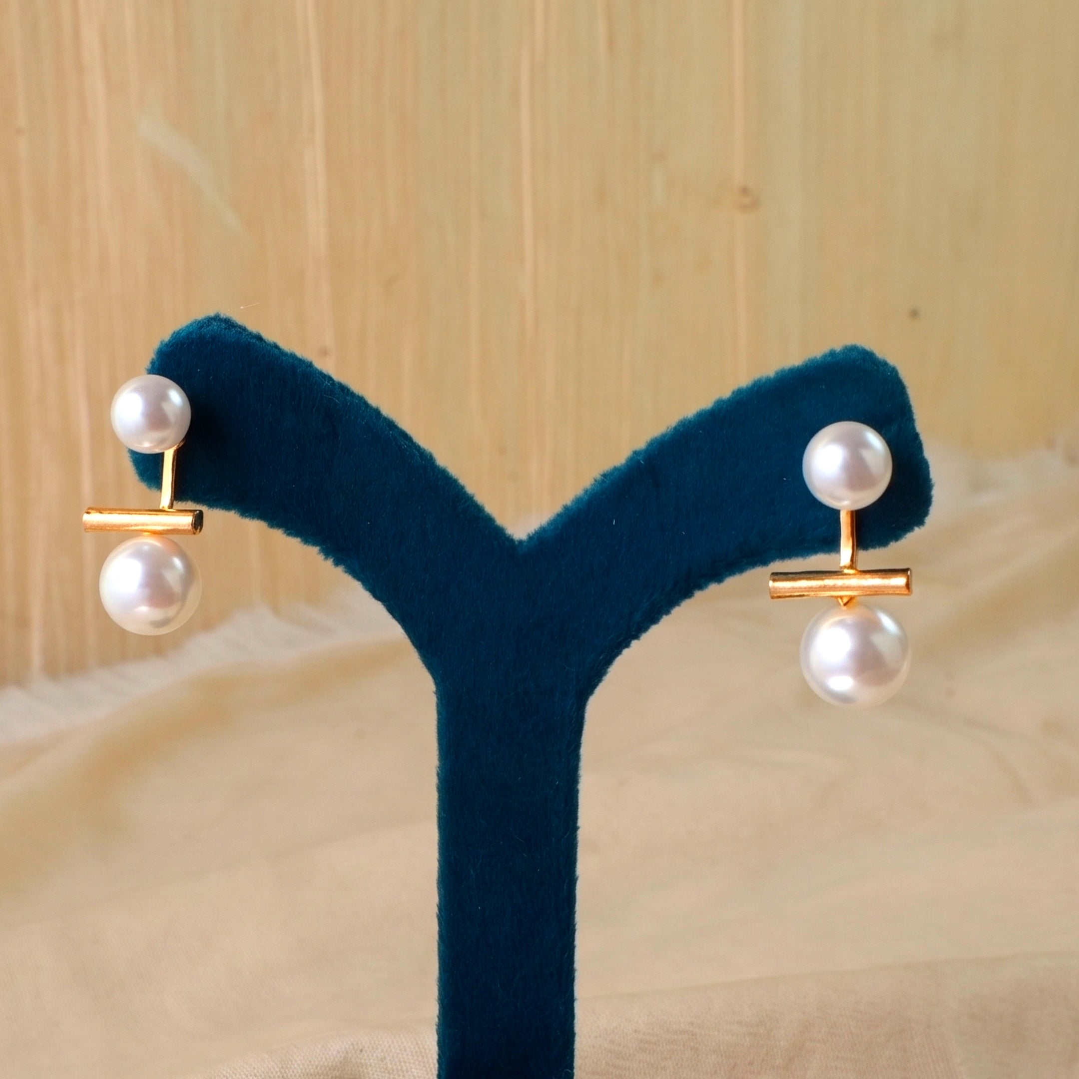 Gold Tone Minimalist Double Pearl Bar Drop Earrings