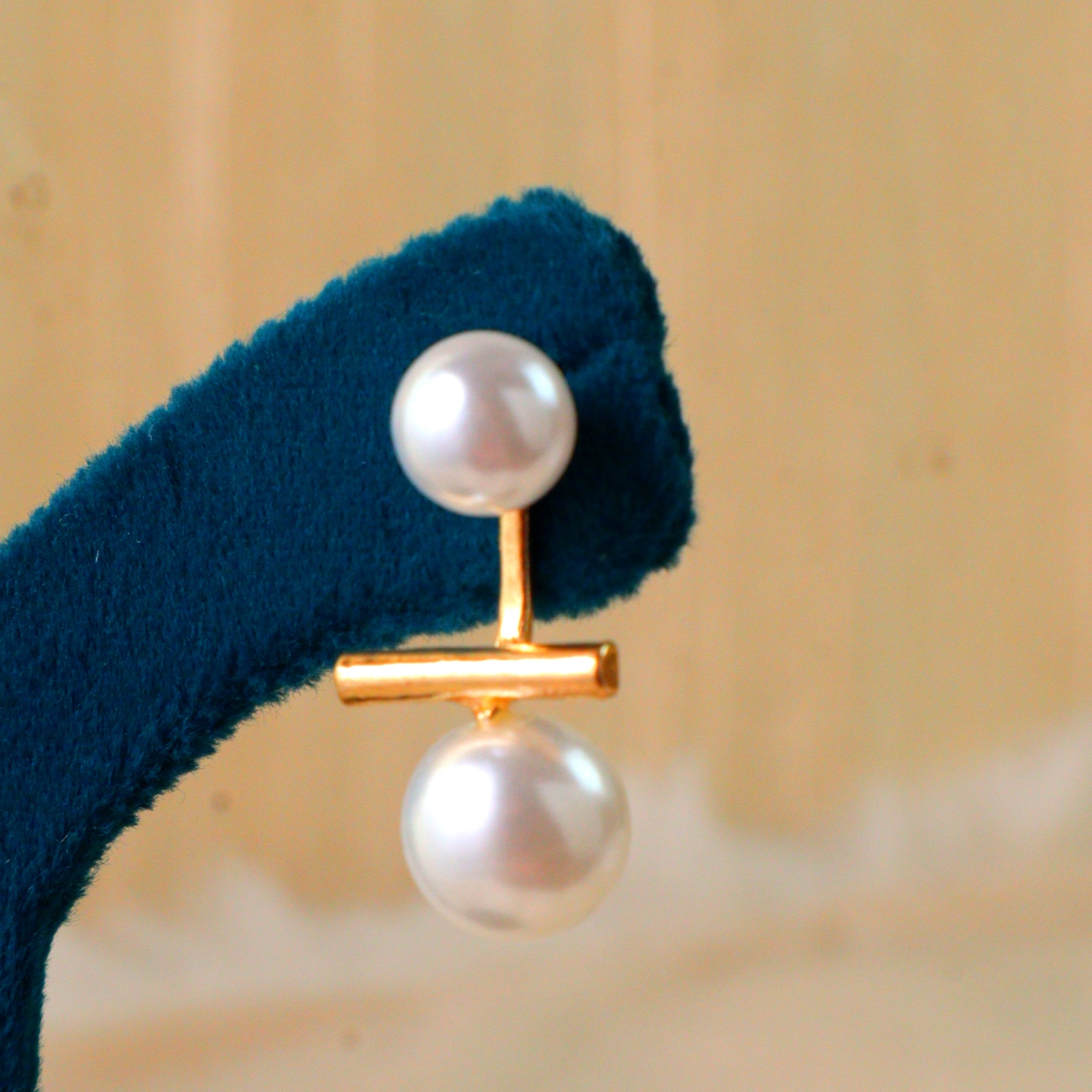 Gold Tone Minimalist Double Pearl Bar Drop Earrings