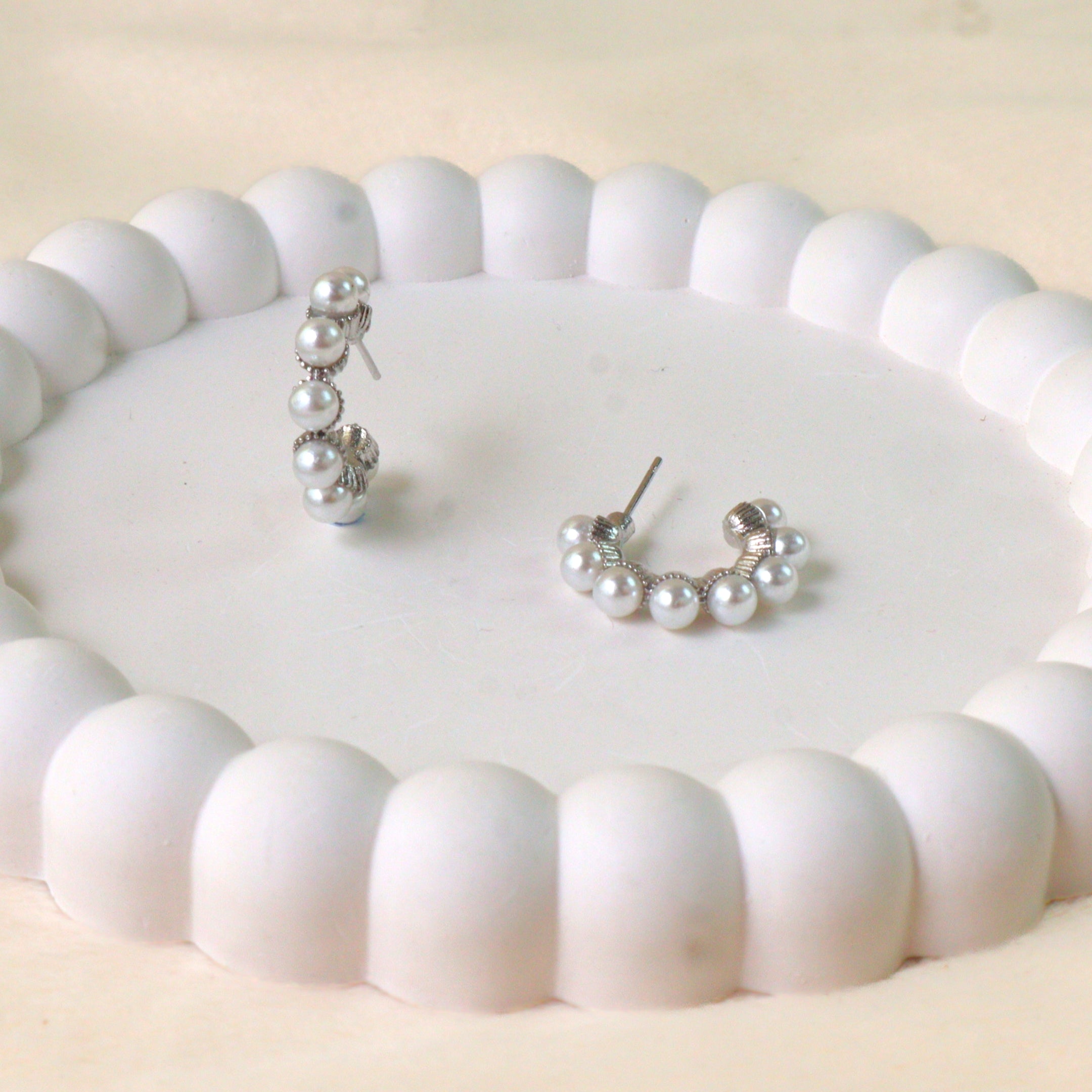Silver Pearl Hoop Earrings | Dainty Beaded C-Shaped Fashion Studs for Women