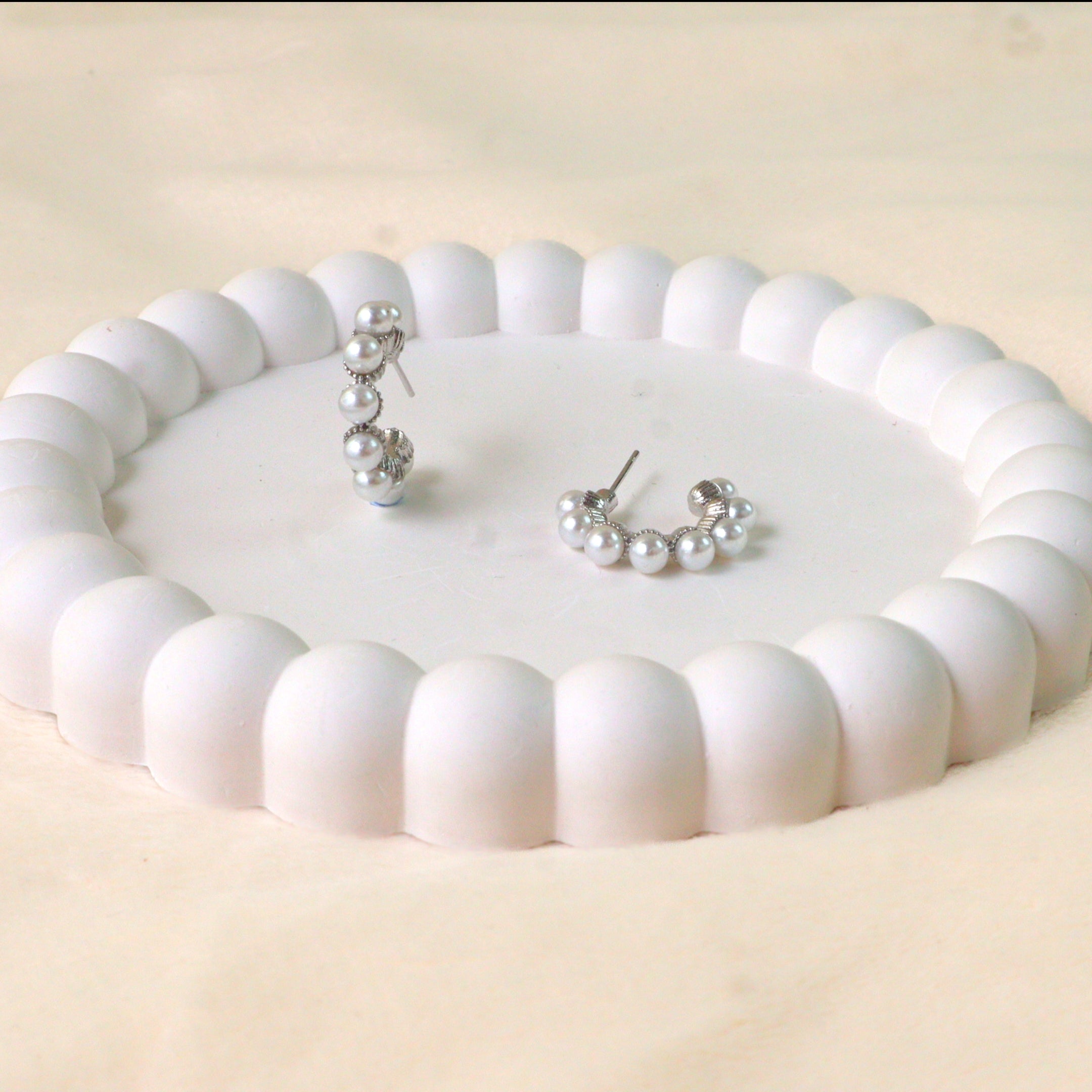 Silver Pearl Hoop Earrings | Dainty Beaded C-Shaped Fashion Studs for Women