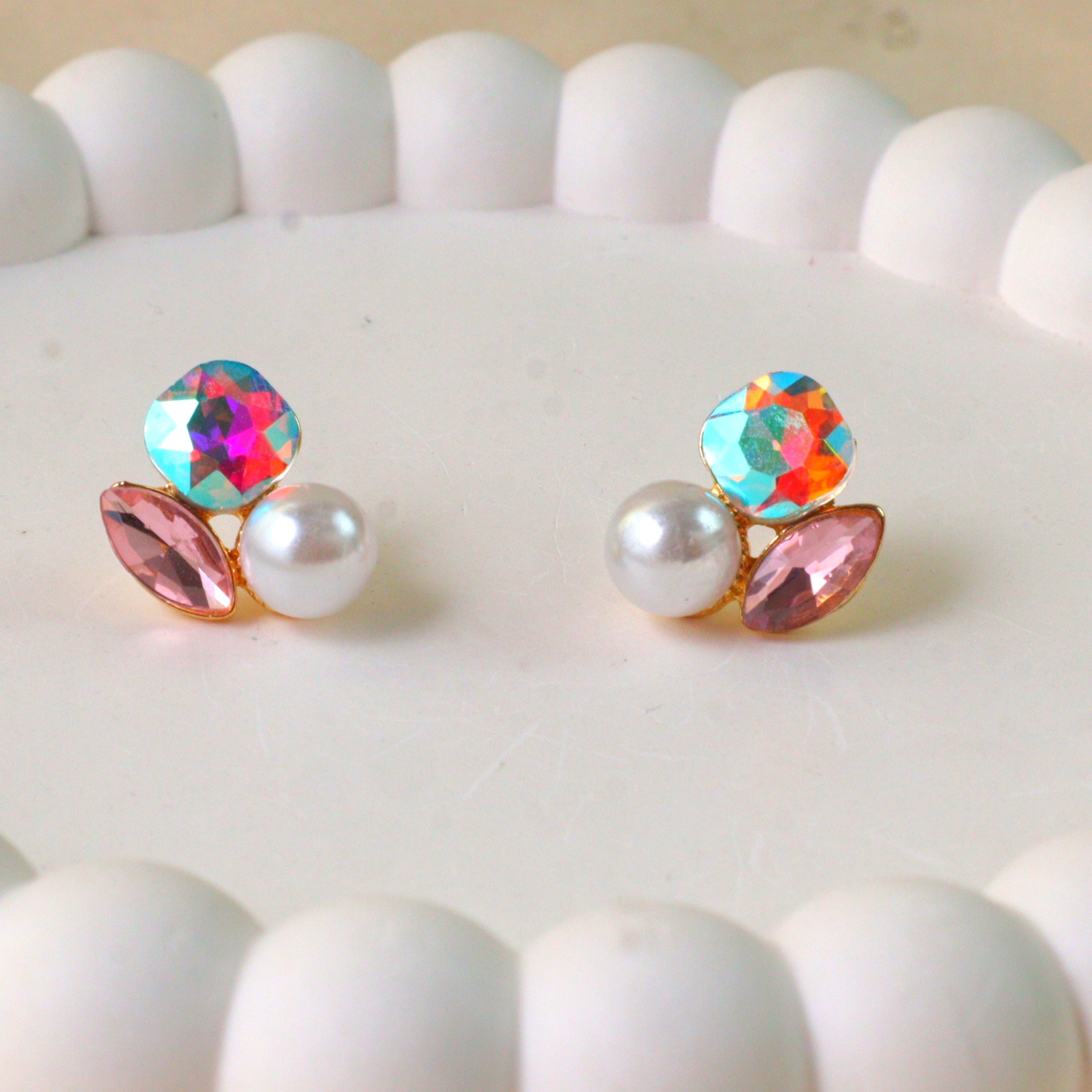 Iridescent Crystal Pearl Cluster Stud Earrings | Asymmetric Multi-Stone Fashion Earrings