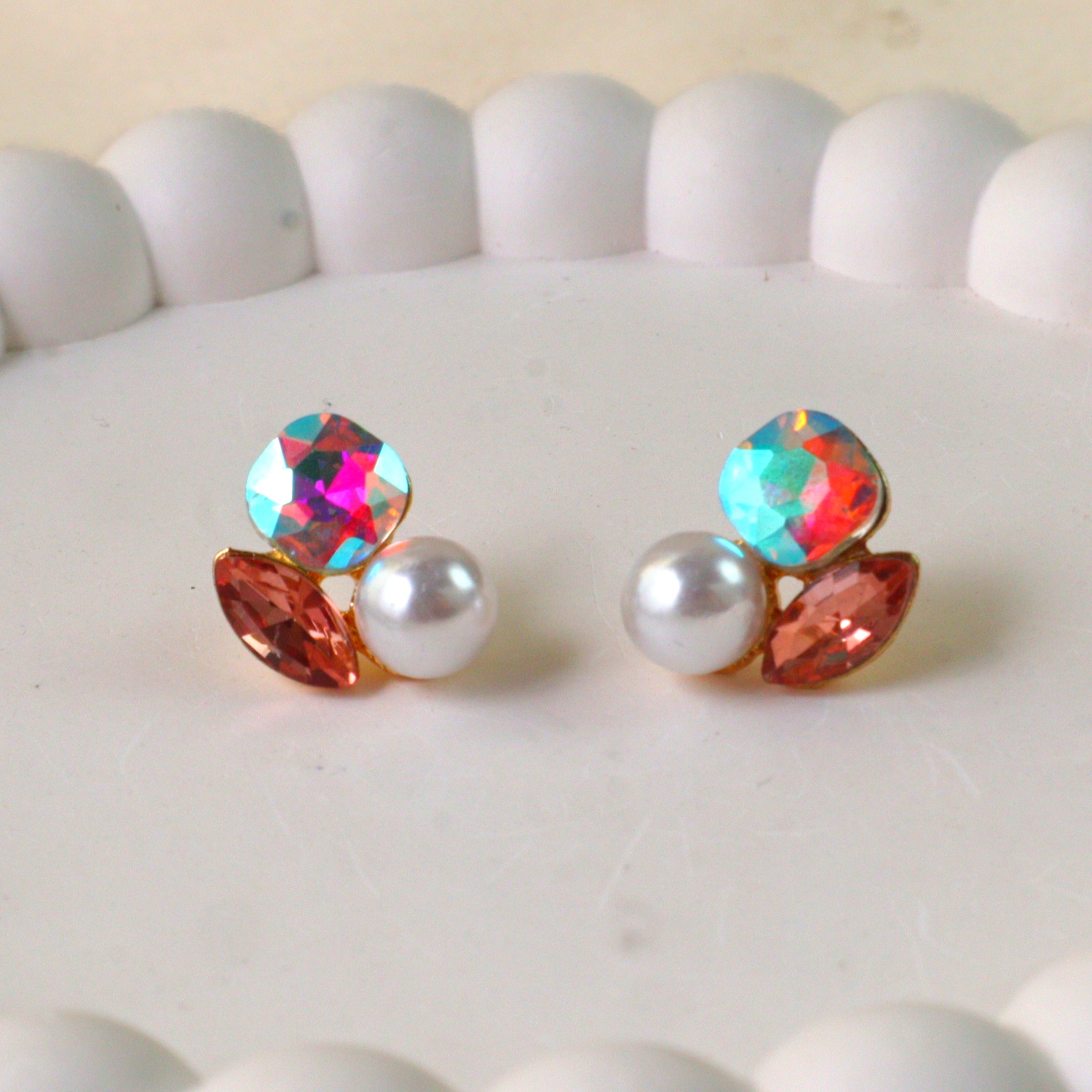 Iridescent Crystal Pearl Cluster Stud Earrings | Asymmetric Multi-Stone Fashion Earrings