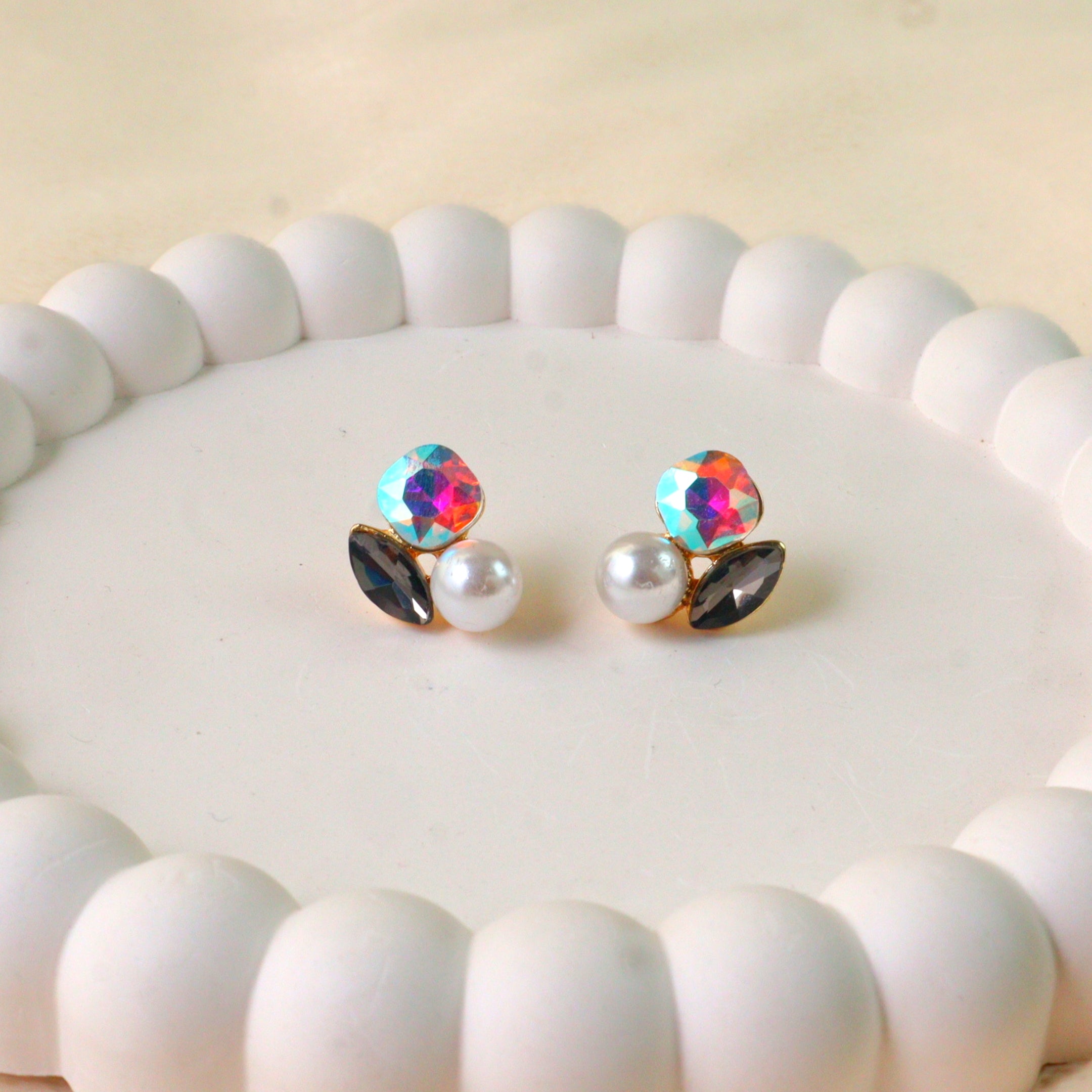 Iridescent Crystal Pearl Cluster Stud Earrings | Asymmetric Multi-Stone Fashion Earrings