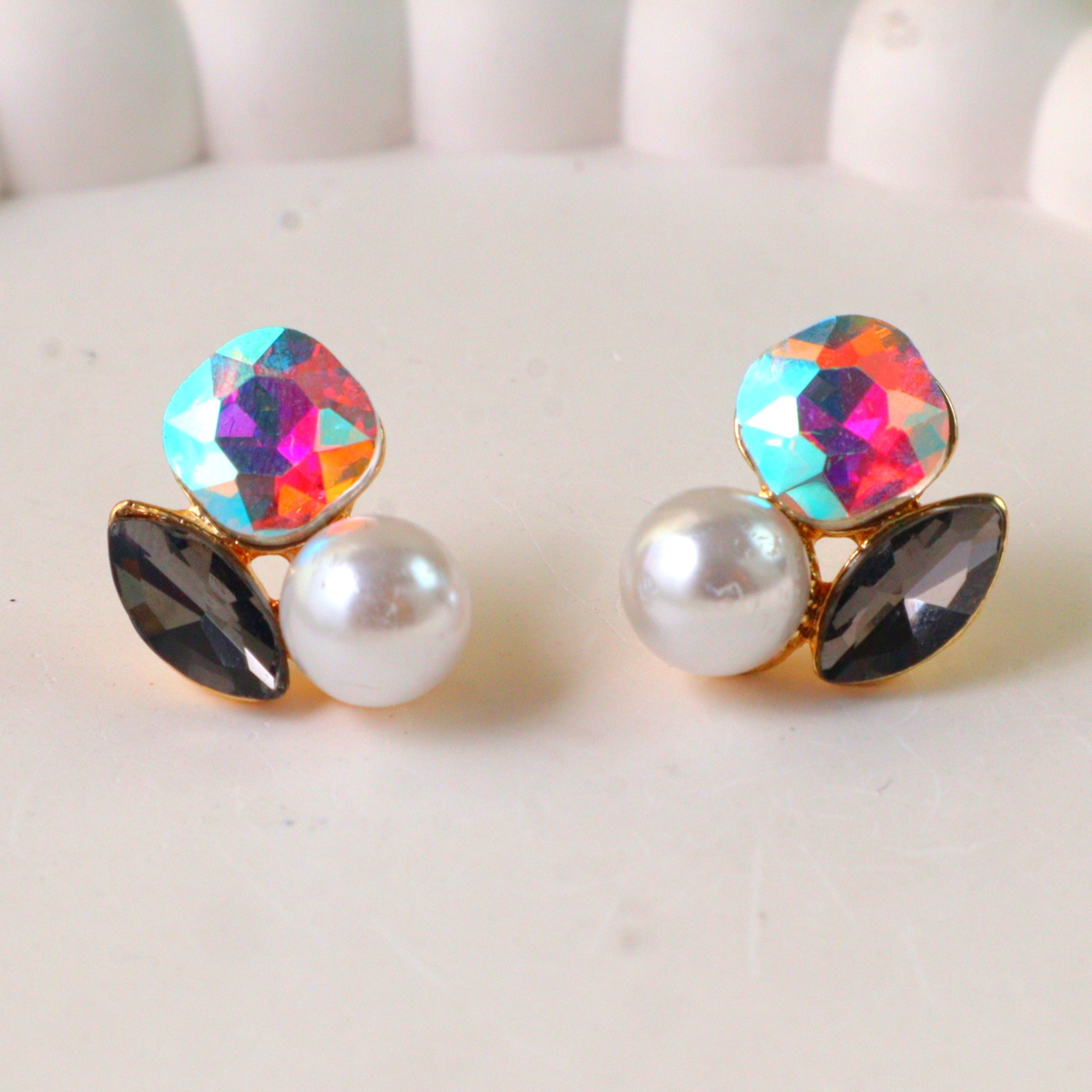 Iridescent Crystal Pearl Cluster Stud Earrings | Asymmetric Multi-Stone Fashion Earrings