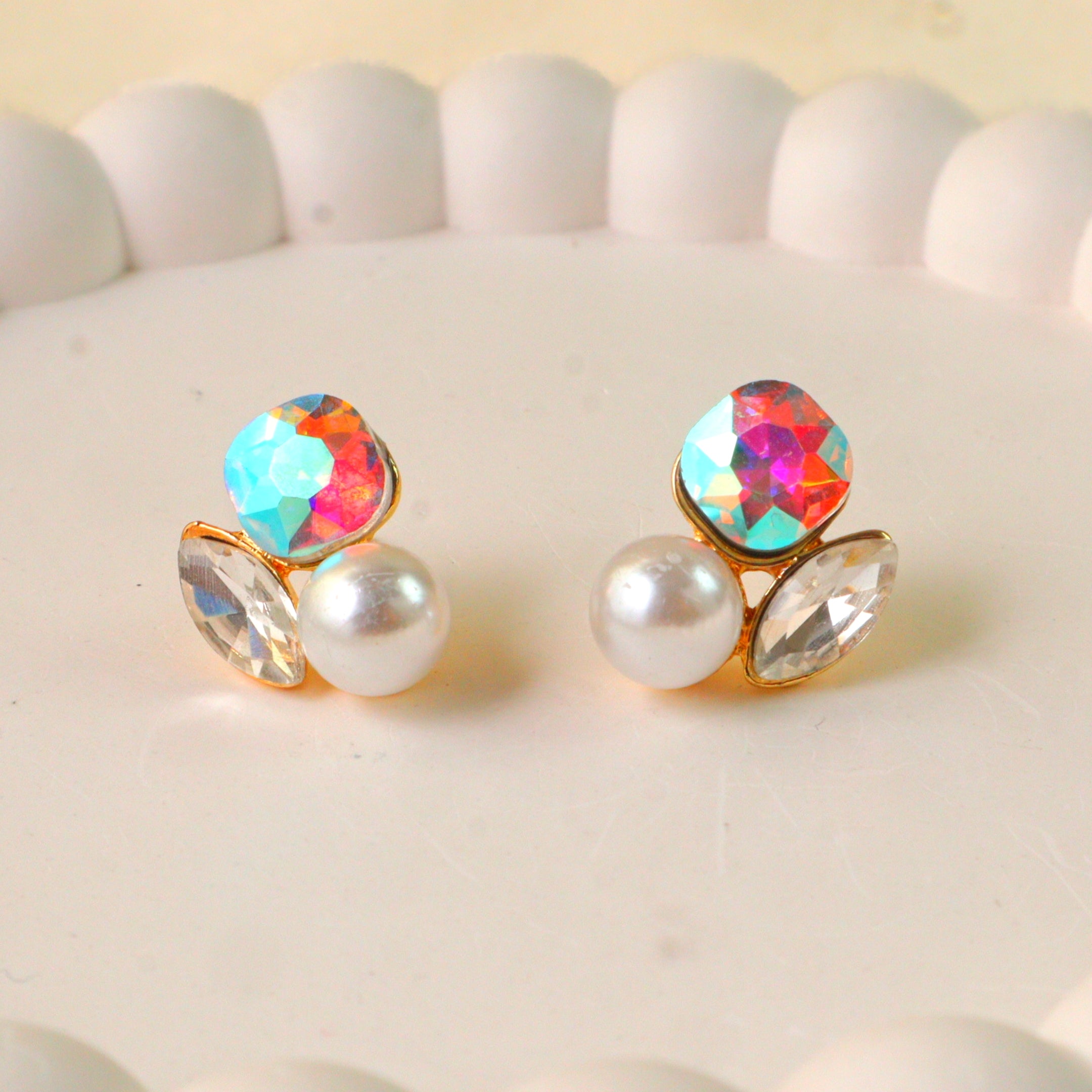 Iridescent Crystal Pearl Cluster Stud Earrings | Asymmetric Multi-Stone Fashion Earrings