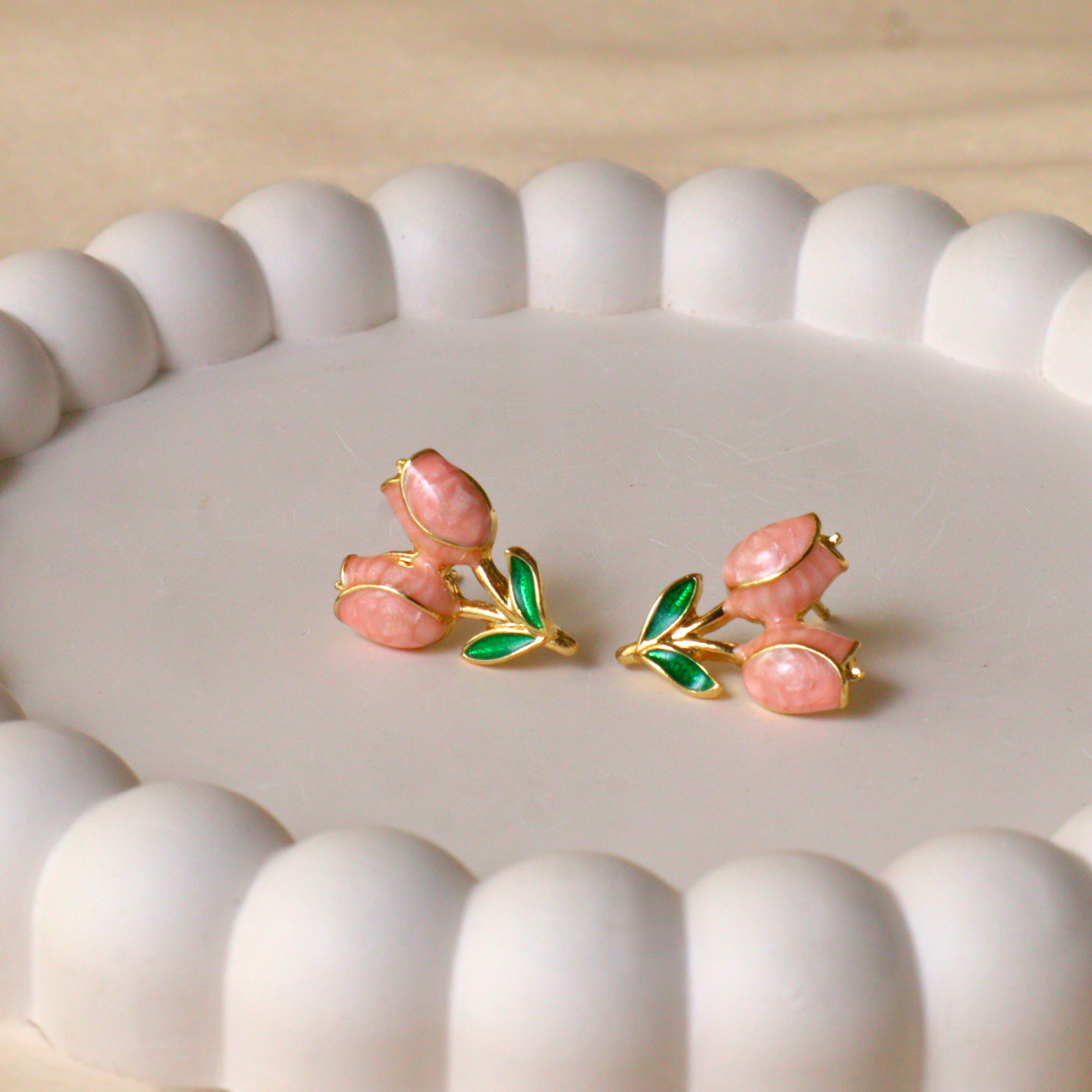 Pink Tulip Stud Earrings –  Dainty Enamel Flower Fashion Earrings for Women