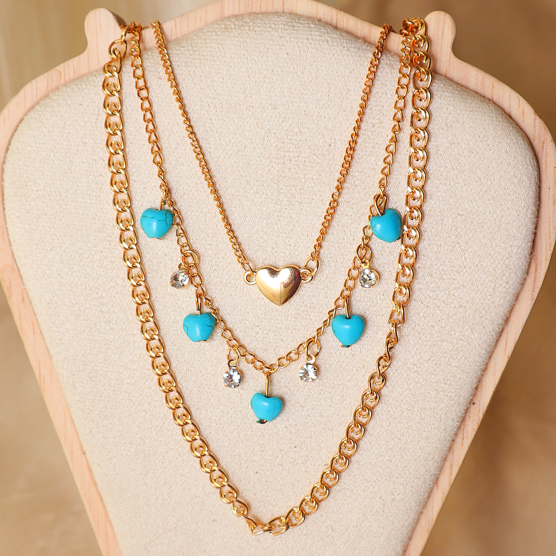 Gold Layered Necklace Set for Women – 3-Piece Turquoise Blue Heart Charm Chain Combo