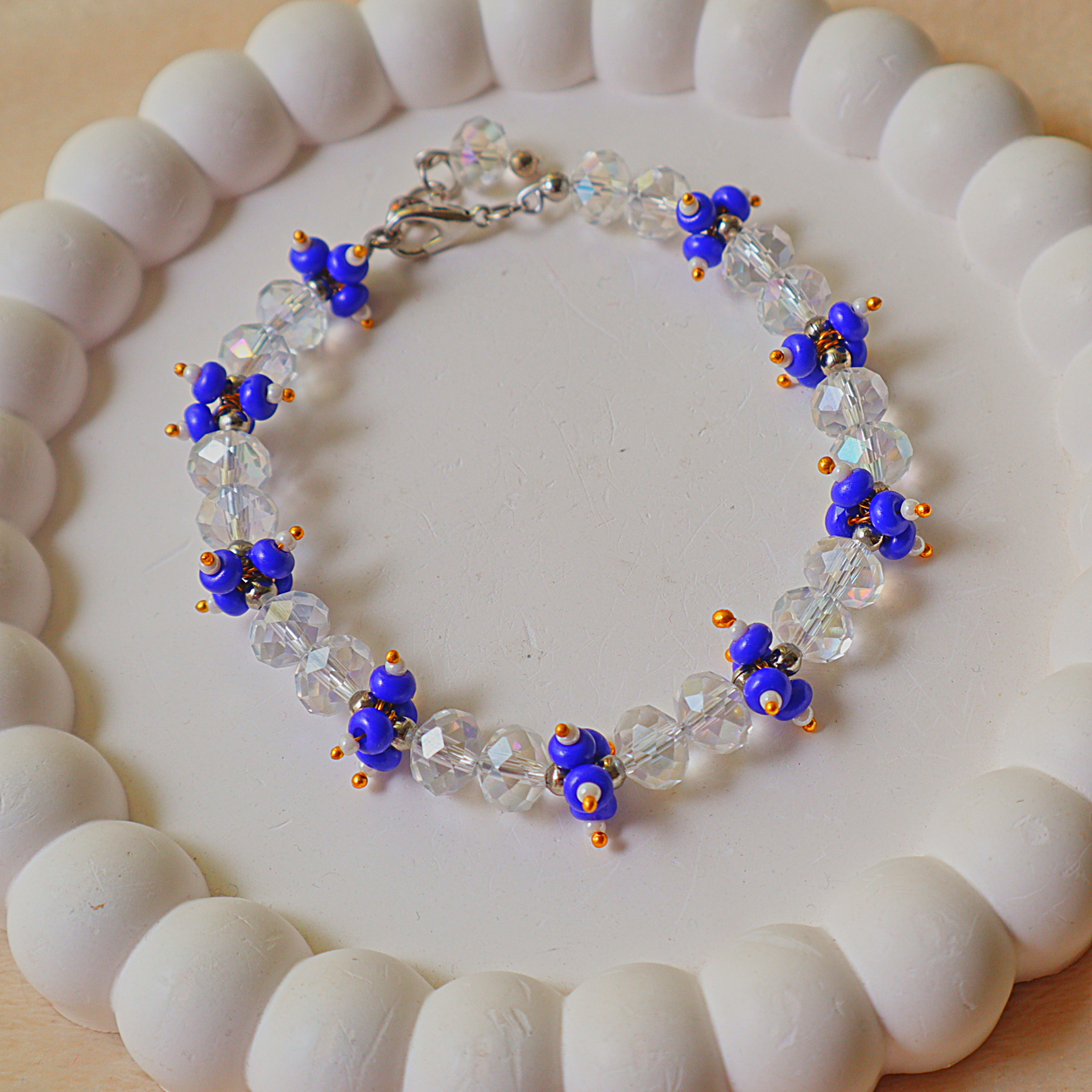 Handmade Sapphire Bloom Crystal Beaded Bracelet | Blue & Clear Glass Beads | Elegant Artisan Bracelet for Women | Gift for Her