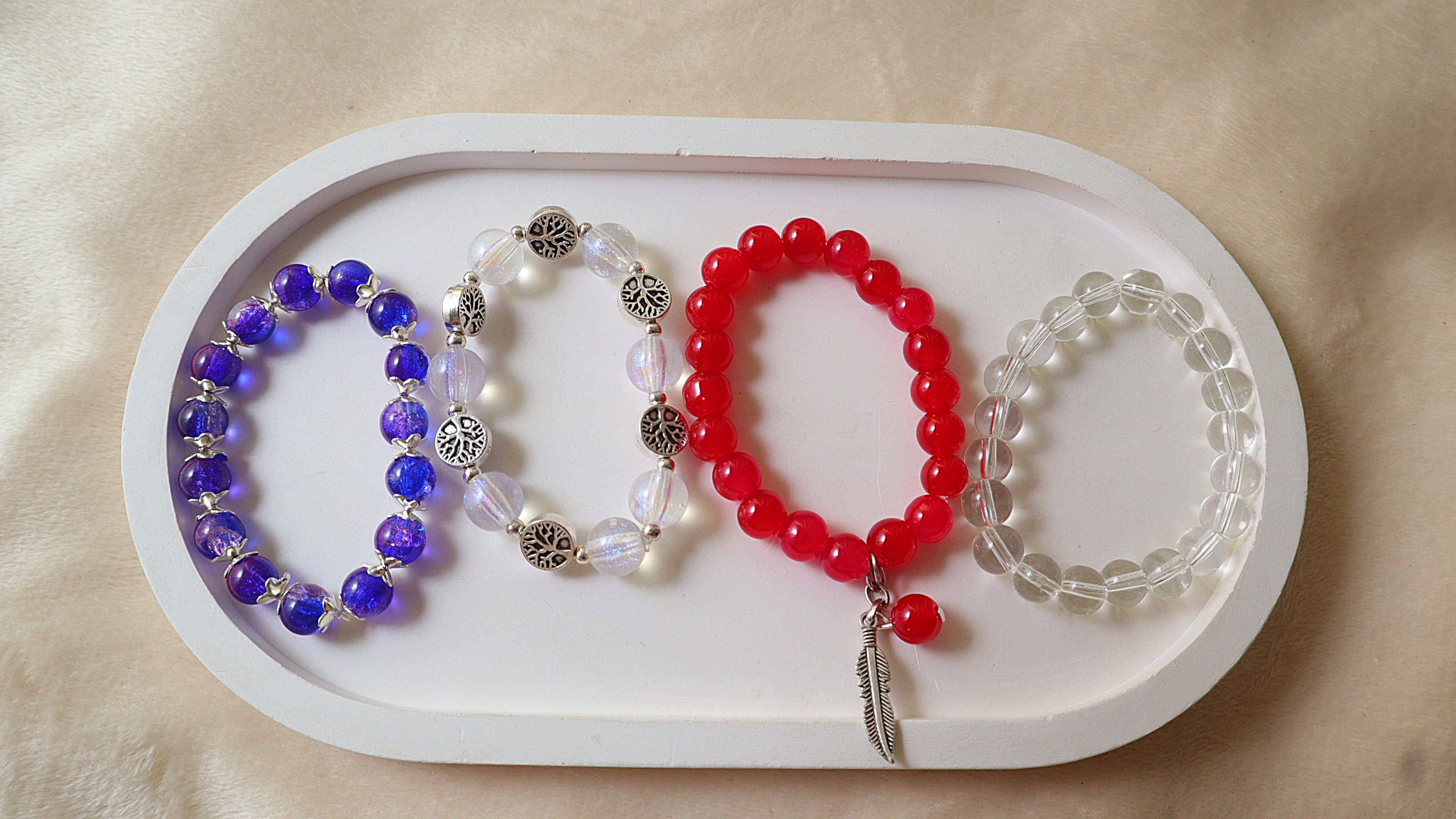 Handmade Crystal Bead Bracelet 4 Pieces Set | Crackle, Iridescent, Crimson & Clear Quartz Style