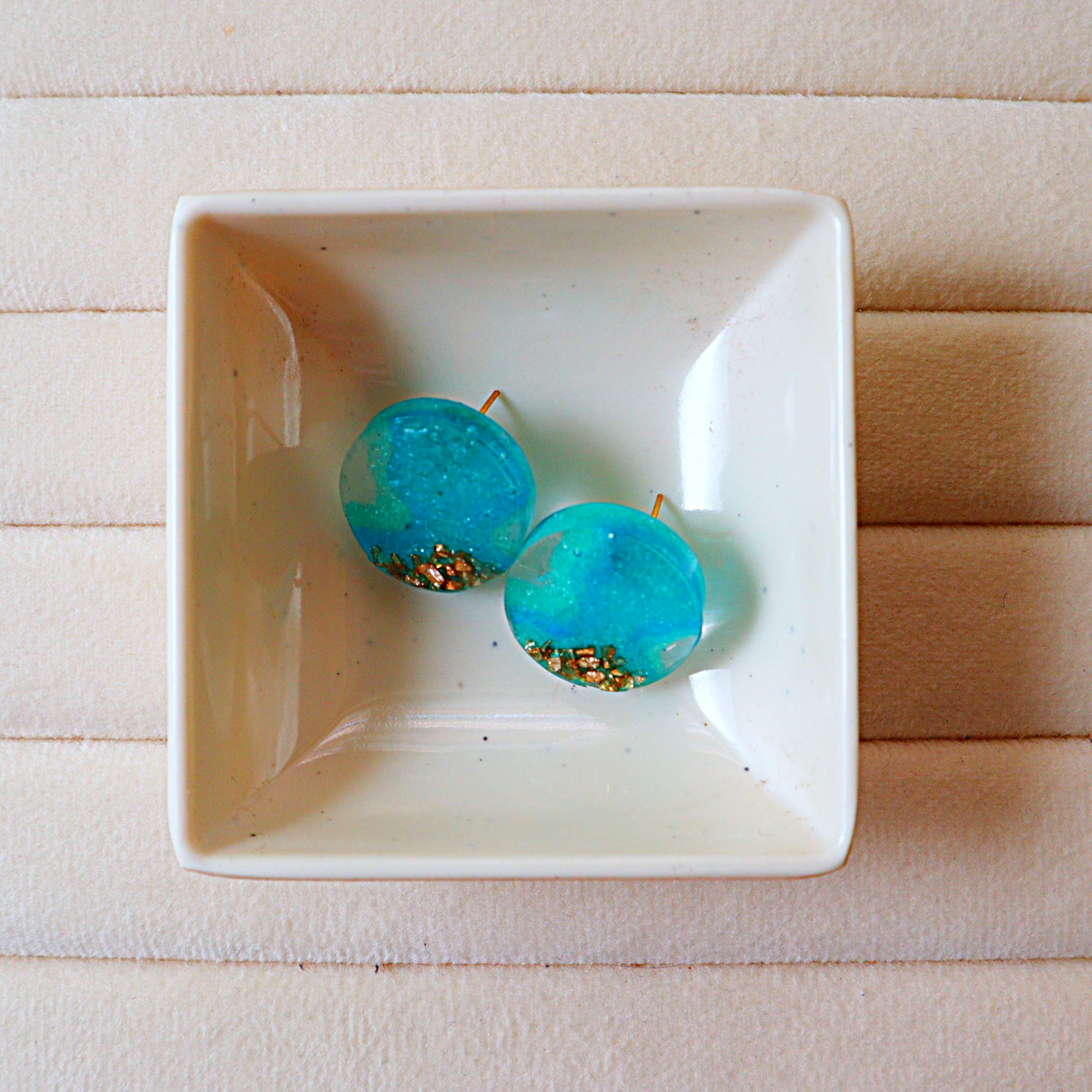 Aqua Ocean Wave Resin Stud Earrings with Gold Leaf Accents | Handcrafted Blue Circle Studs