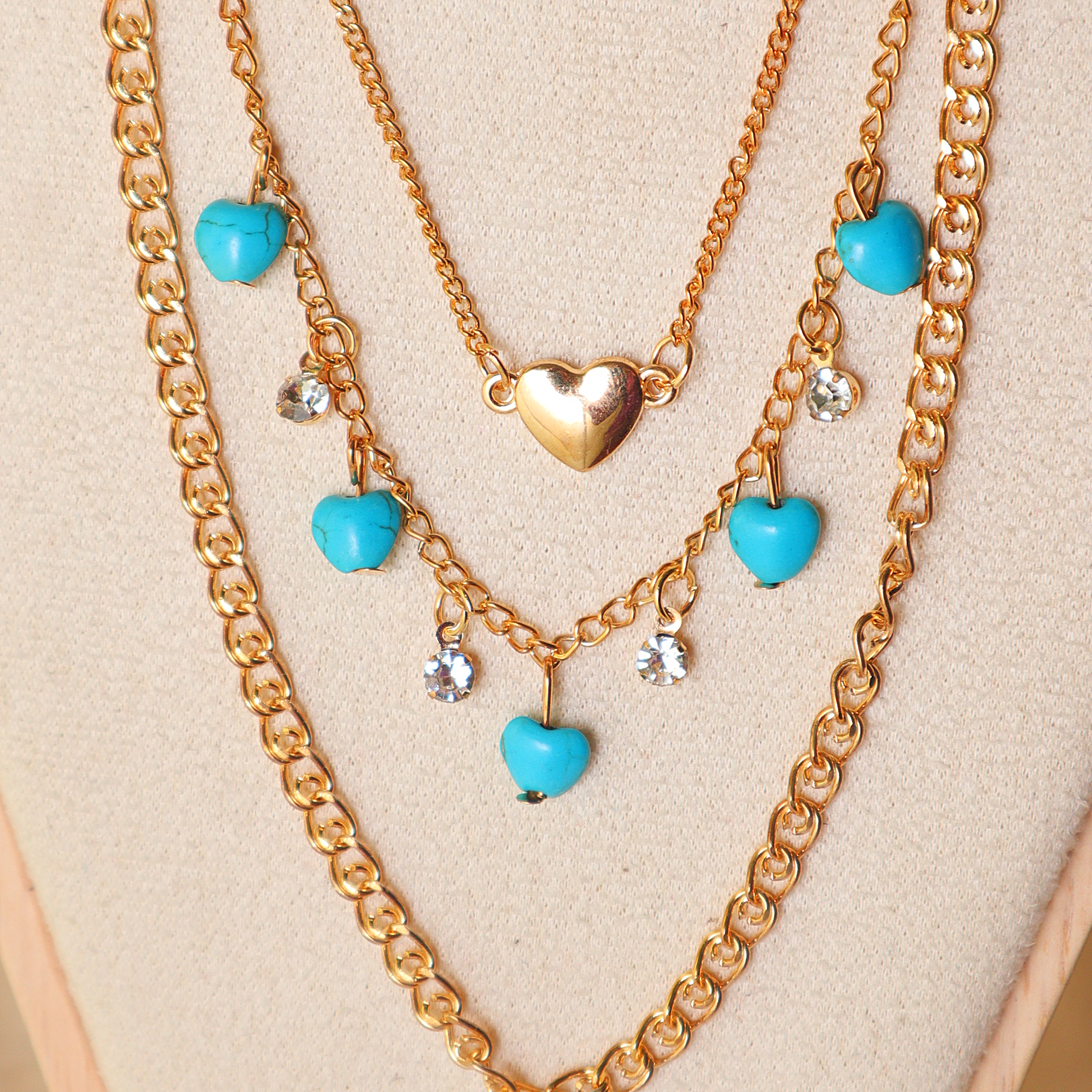 Gold Layered Necklace Set for Women – 3-Piece Turquoise Blue Heart Charm Chain Combo