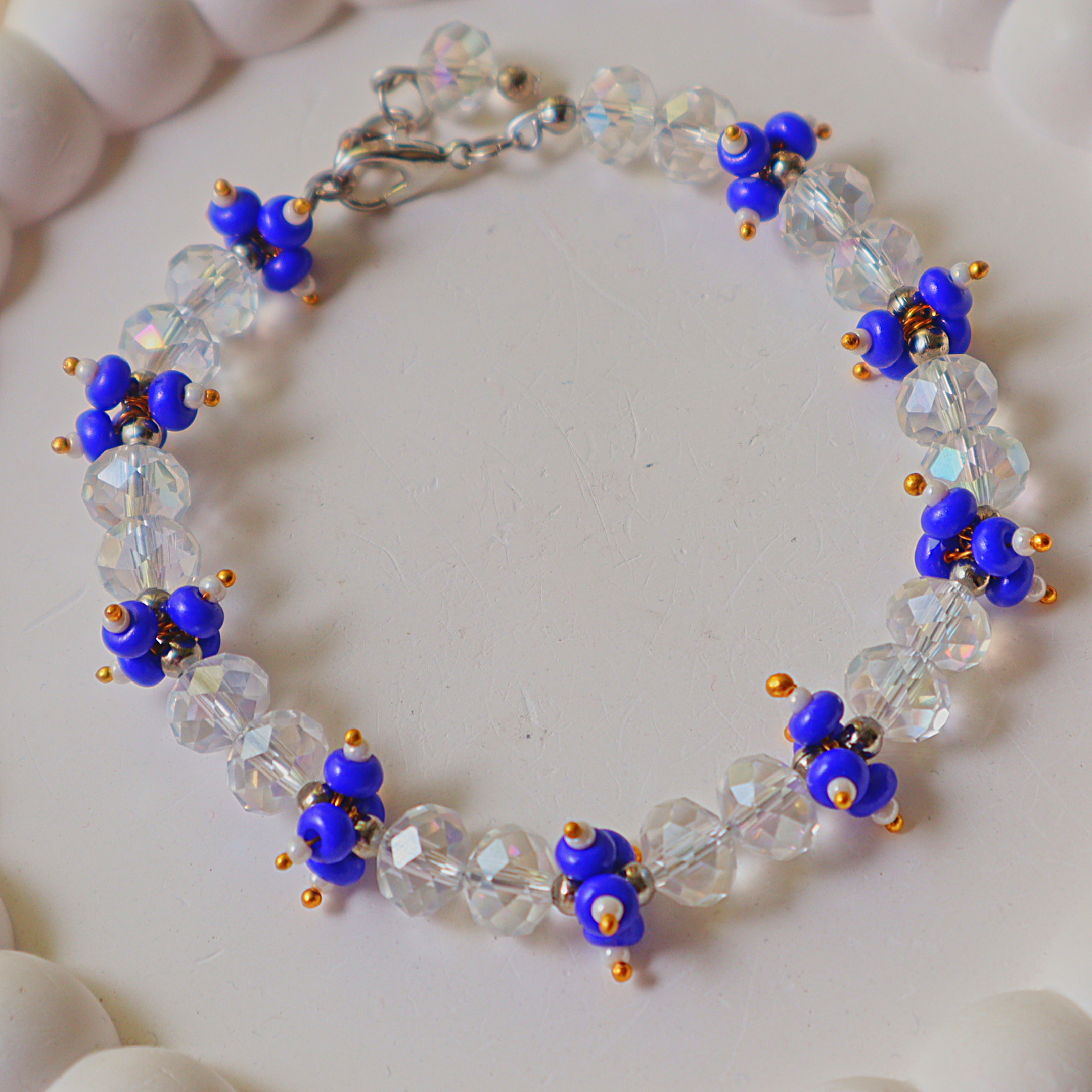 Handmade Sapphire Bloom Crystal Beaded Bracelet | Blue & Clear Glass Beads | Elegant Artisan Bracelet for Women | Gift for Her