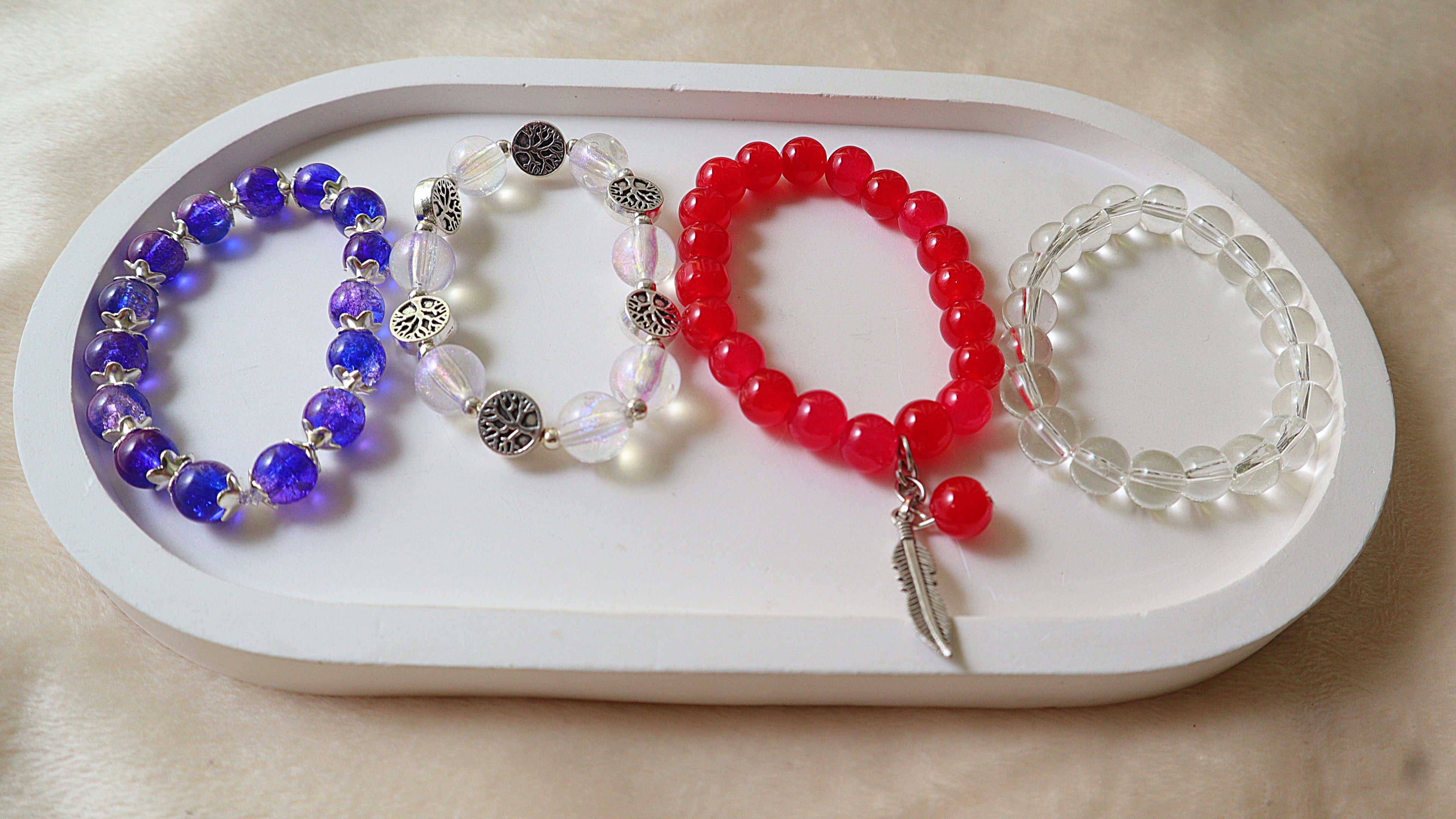 Handmade Crystal Bead Bracelet 4 Pieces Set | Crackle, Iridescent, Crimson & Clear Quartz Style