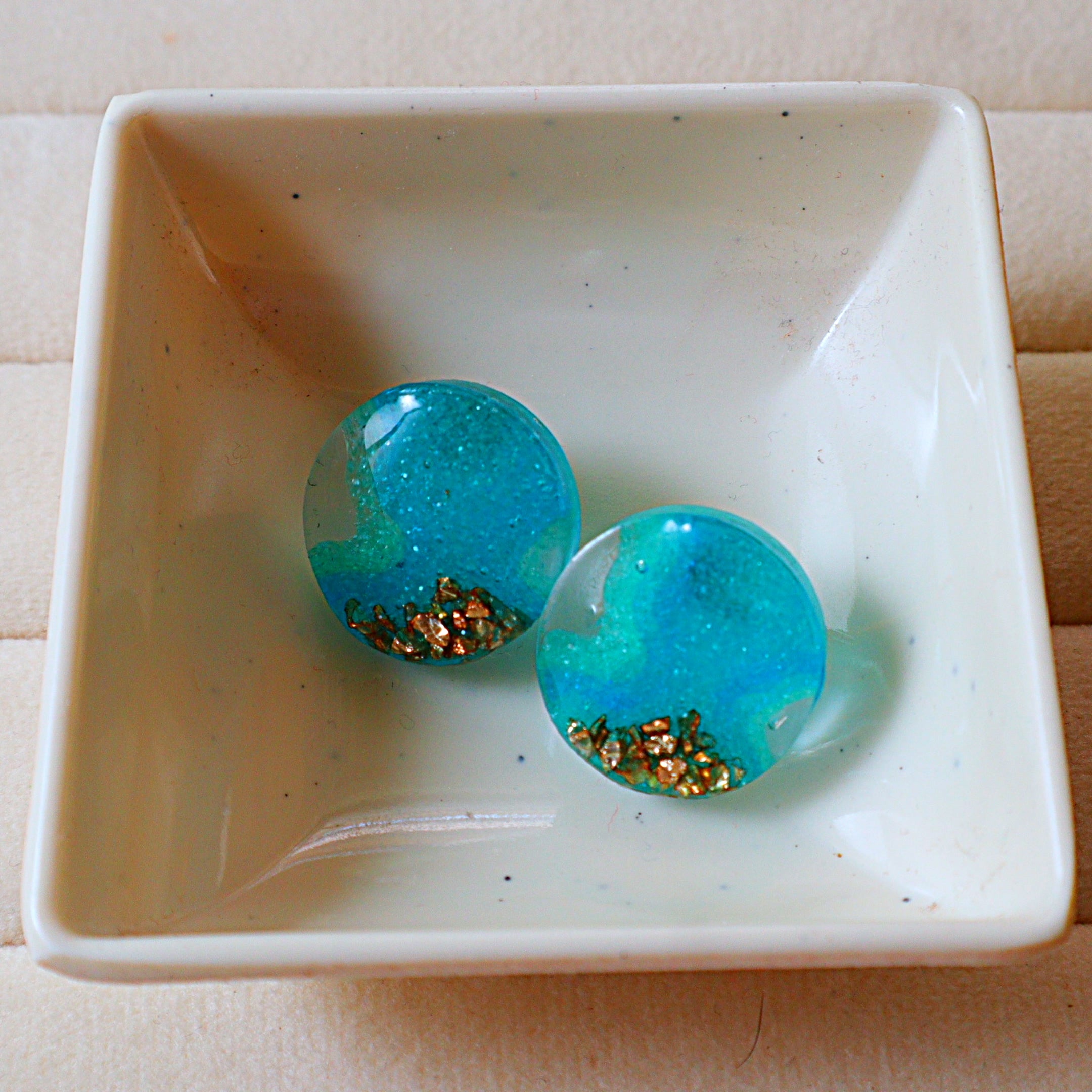 Aqua Ocean Wave Resin Stud Earrings with Gold Leaf Accents | Handcrafted Blue Circle Studs