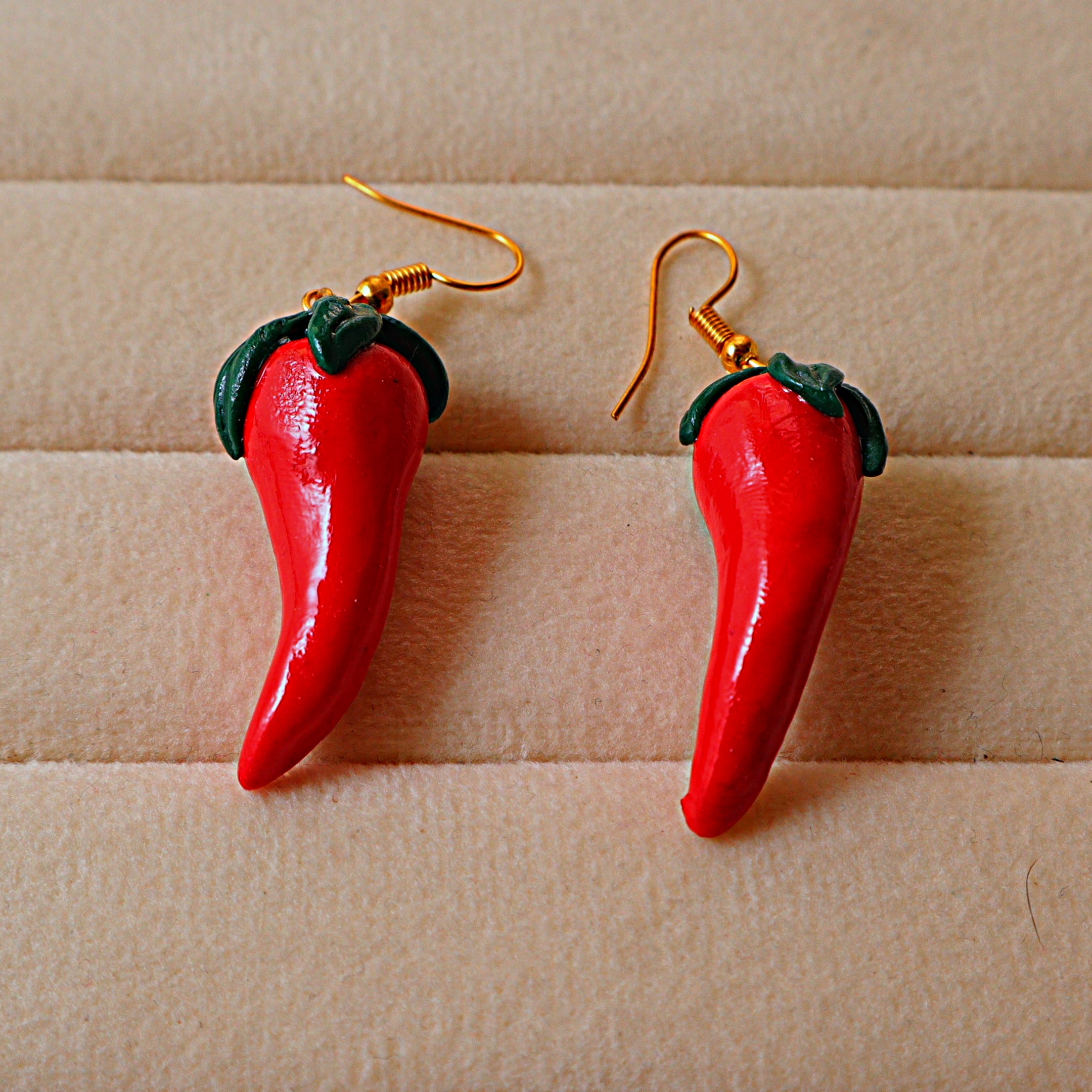 Handmade Red Chilli Dangle Earrings | Quirky Polymer Clay Food Jewelry
