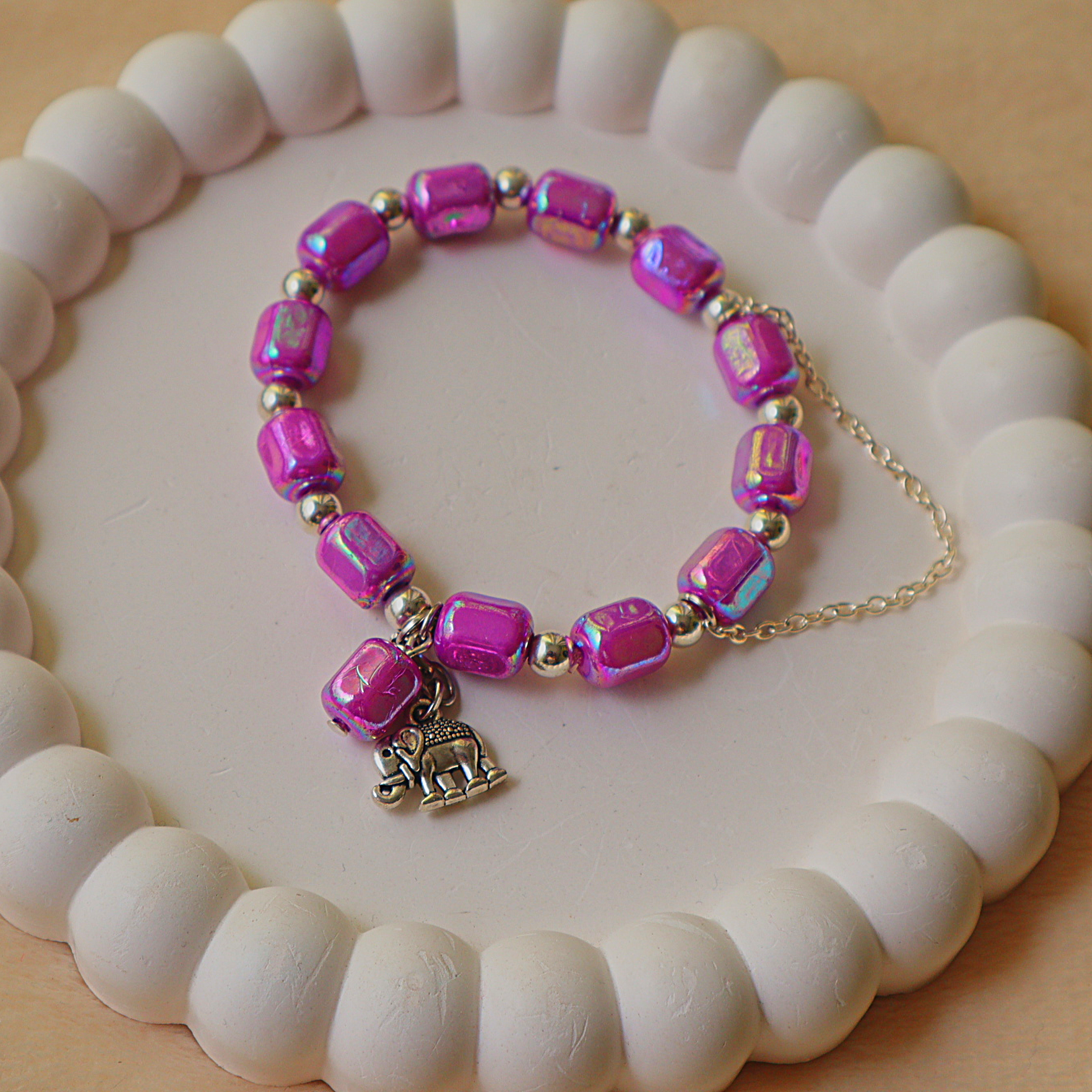Handmade Fuchsia Aura Glass Beaded Bracelet with Elephant Charm | Iridescent Pink Bead Bracelet | Boho Gift for Women