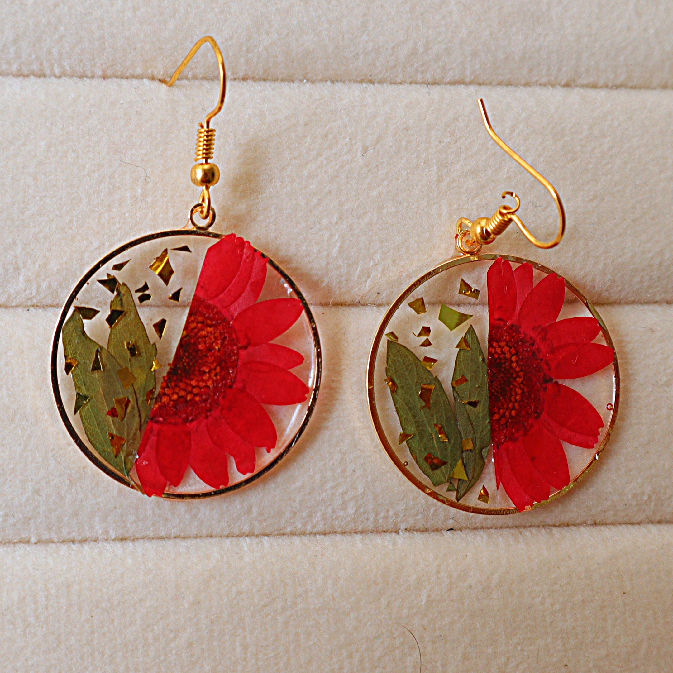 Pressed Red Sunflower Real Dried Flower Resin Dangle Earrings with Gold Foil Accents | Handcrafted Circular Drop Earrings