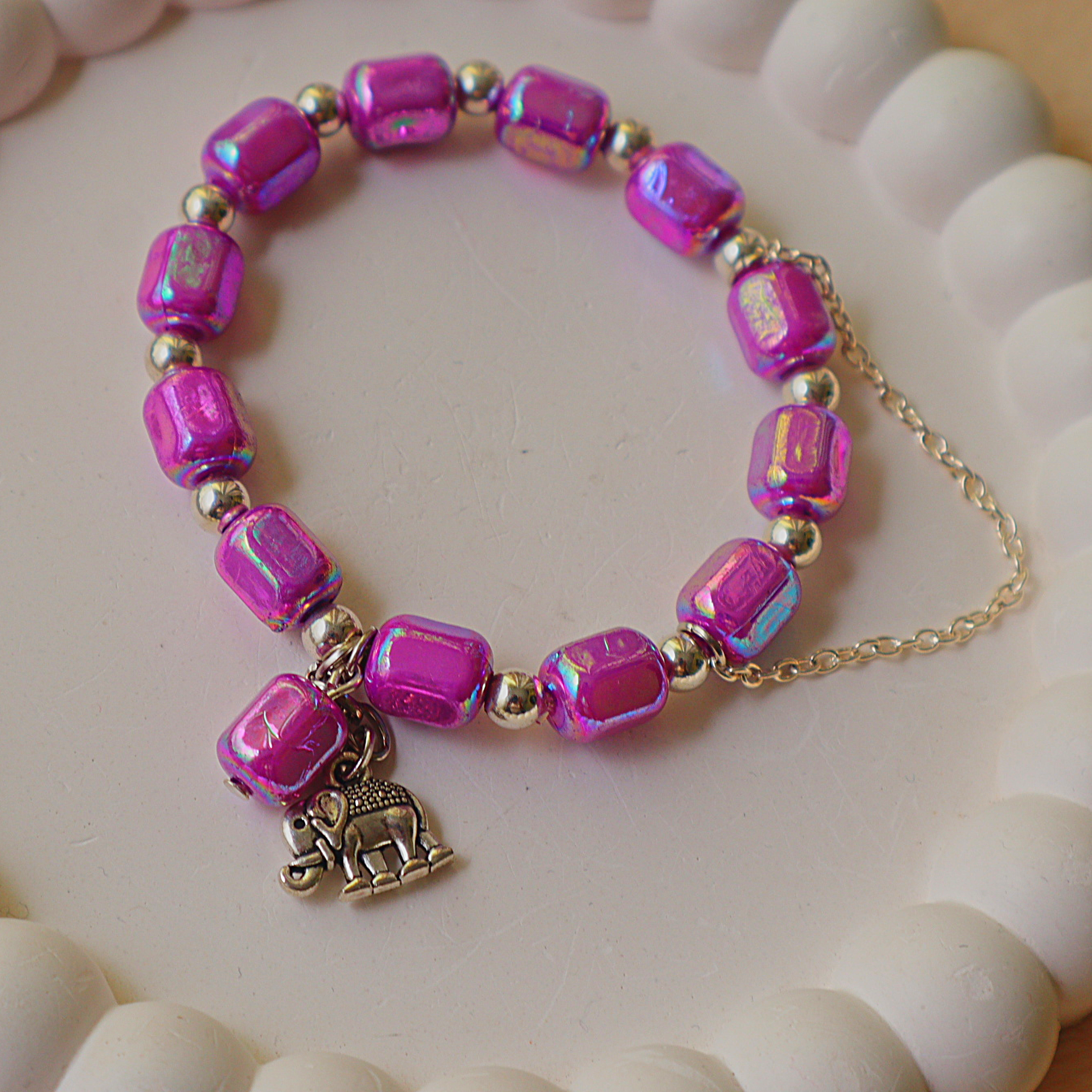 Handmade Fuchsia Aura Glass Beaded Bracelet with Elephant Charm | Iridescent Pink Bead Bracelet | Boho Gift for Women