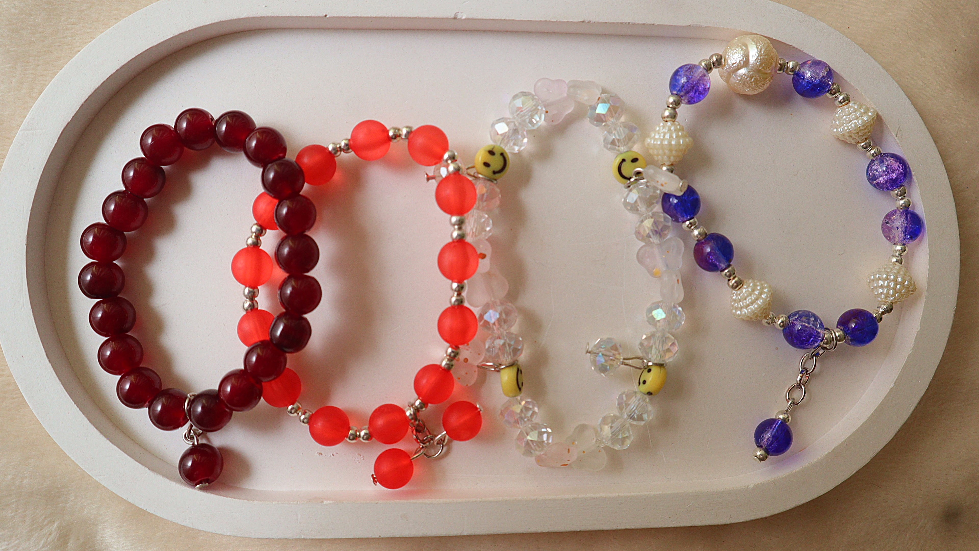 4-Pack Handmade Beaded Bracelet Set with Smiley Face Accents & Dangle Charms