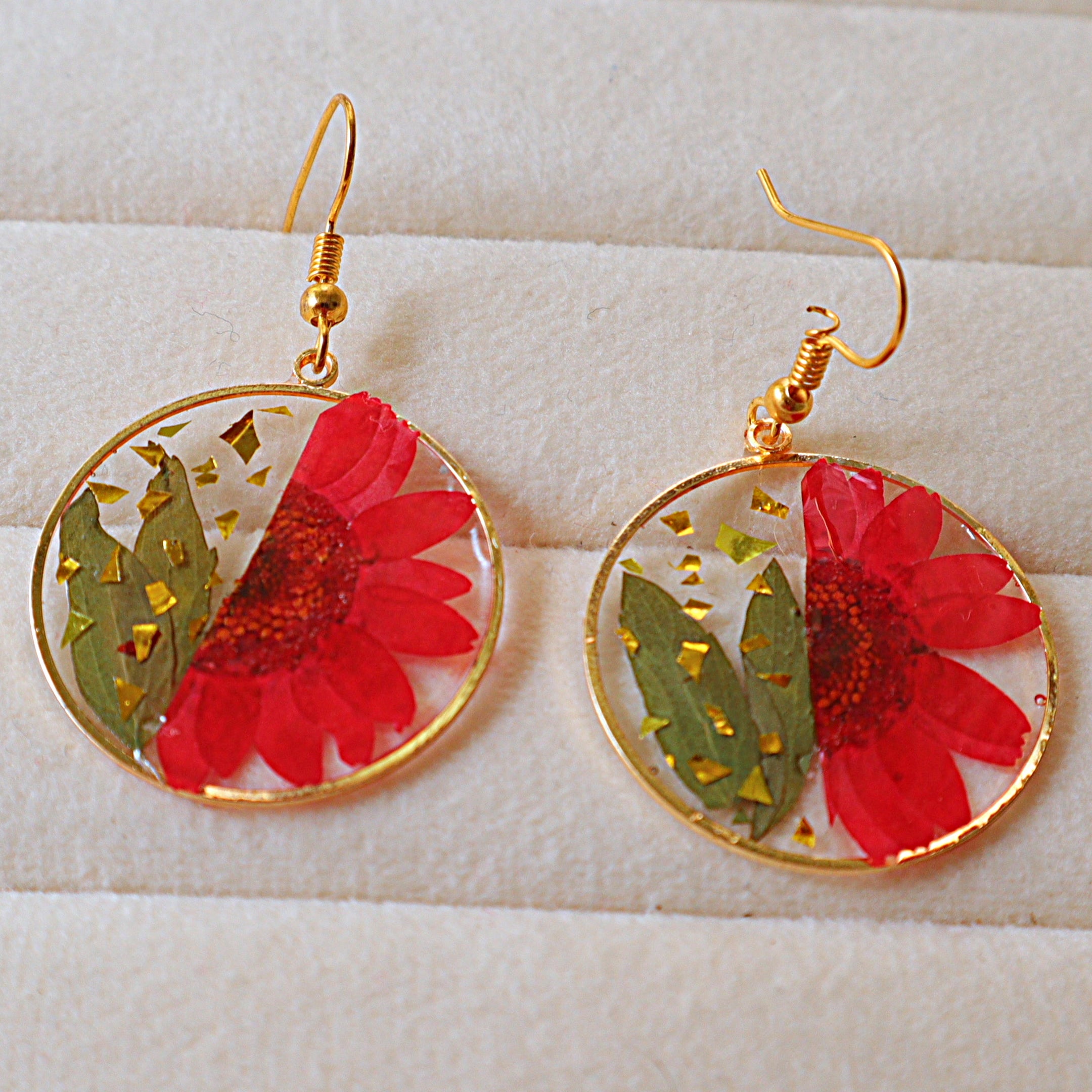 Pressed Red Sunflower Real Dried Flower Resin Dangle Earrings with Gold Foil Accents | Handcrafted Circular Drop Earrings